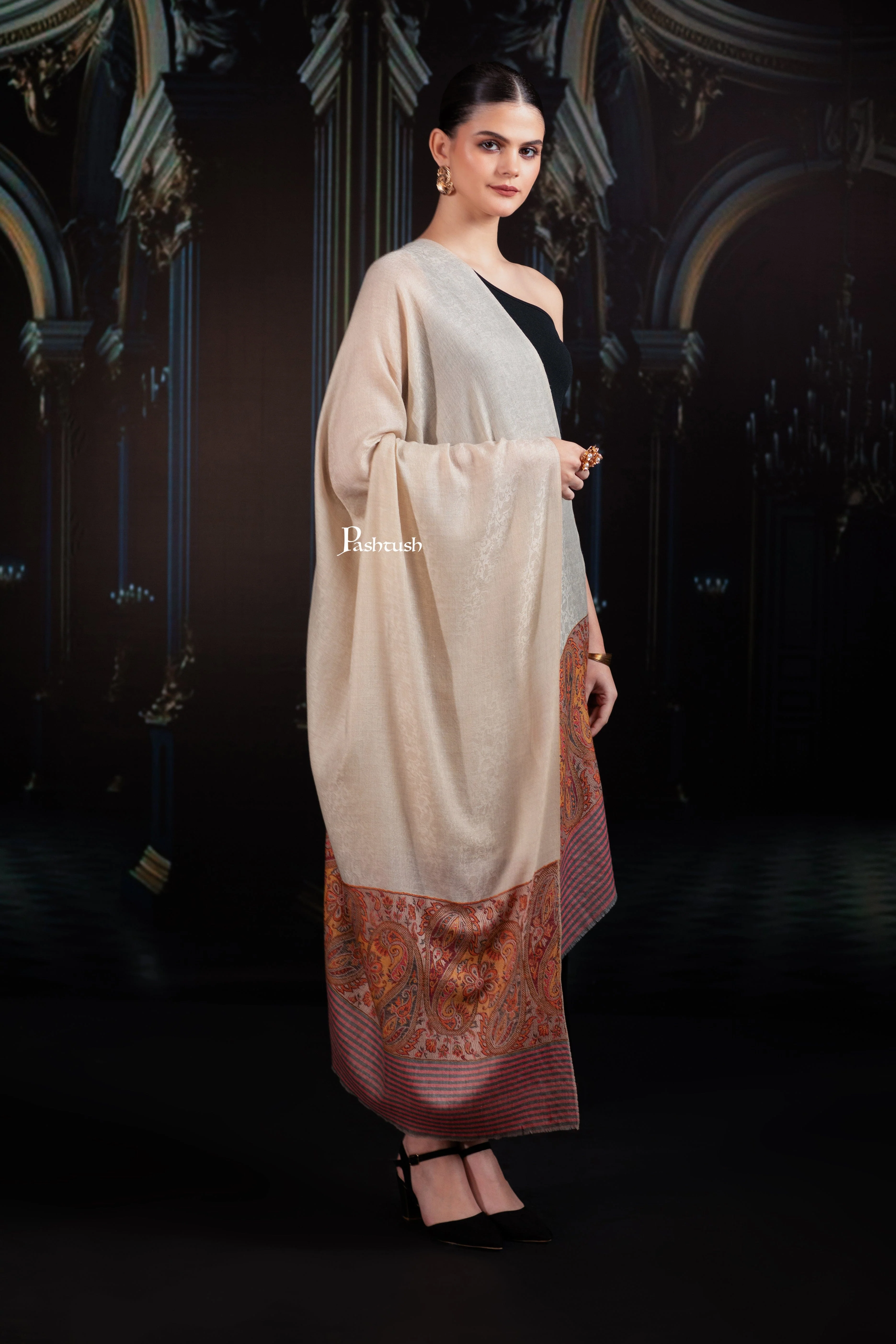 Pashtush Womens Extra Fine Wool Shawl, Pasiley Palla Design, Beige - Image 3