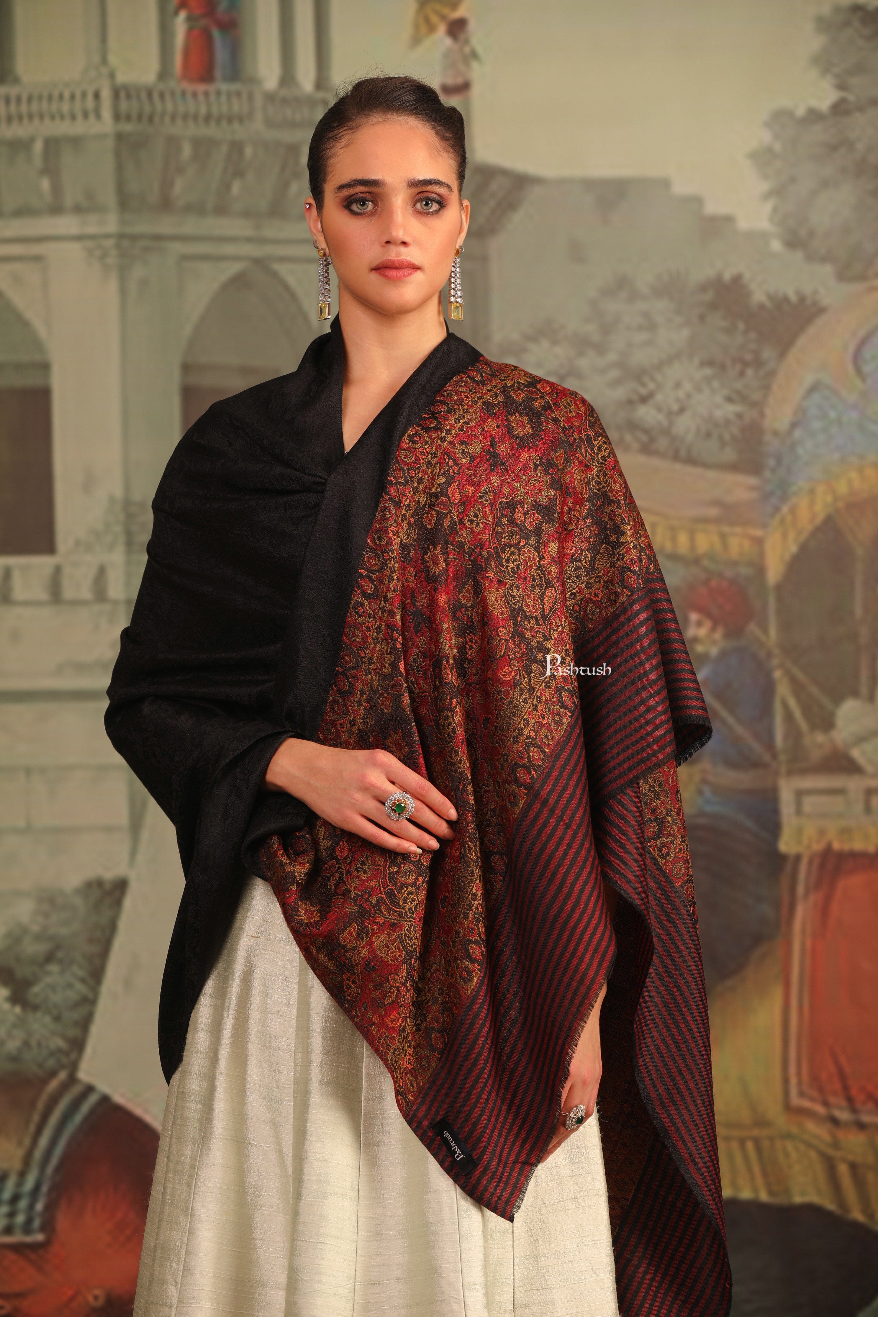 Pashtush Womens Extra Fine Wool Shawl, Pasiley Palla Design, Black - Image 3