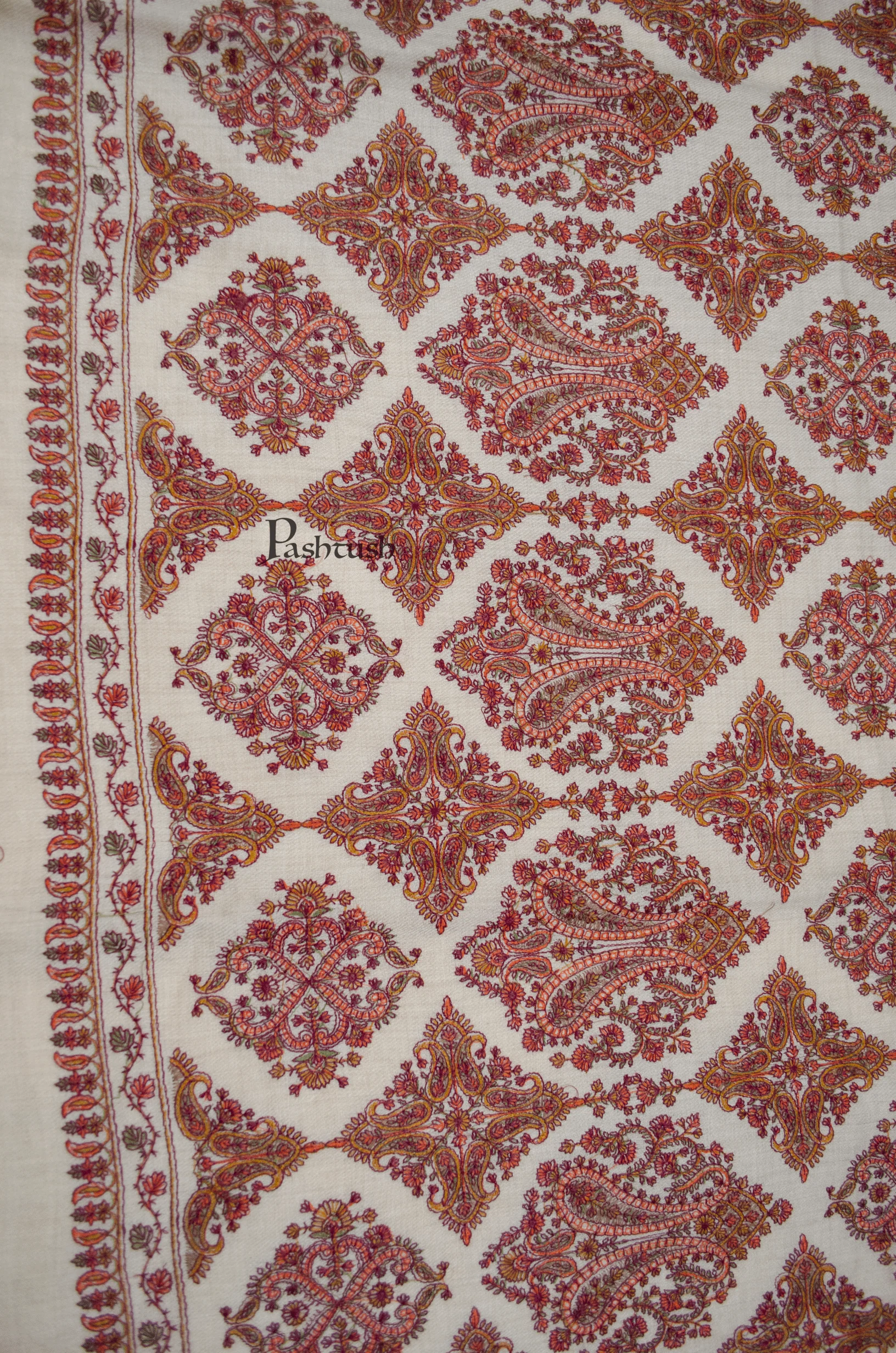Pashtush Womens Extra Fine Wool Shawl, Silky Embroidery Kashmiri Jaal Design, Beige - Image 3