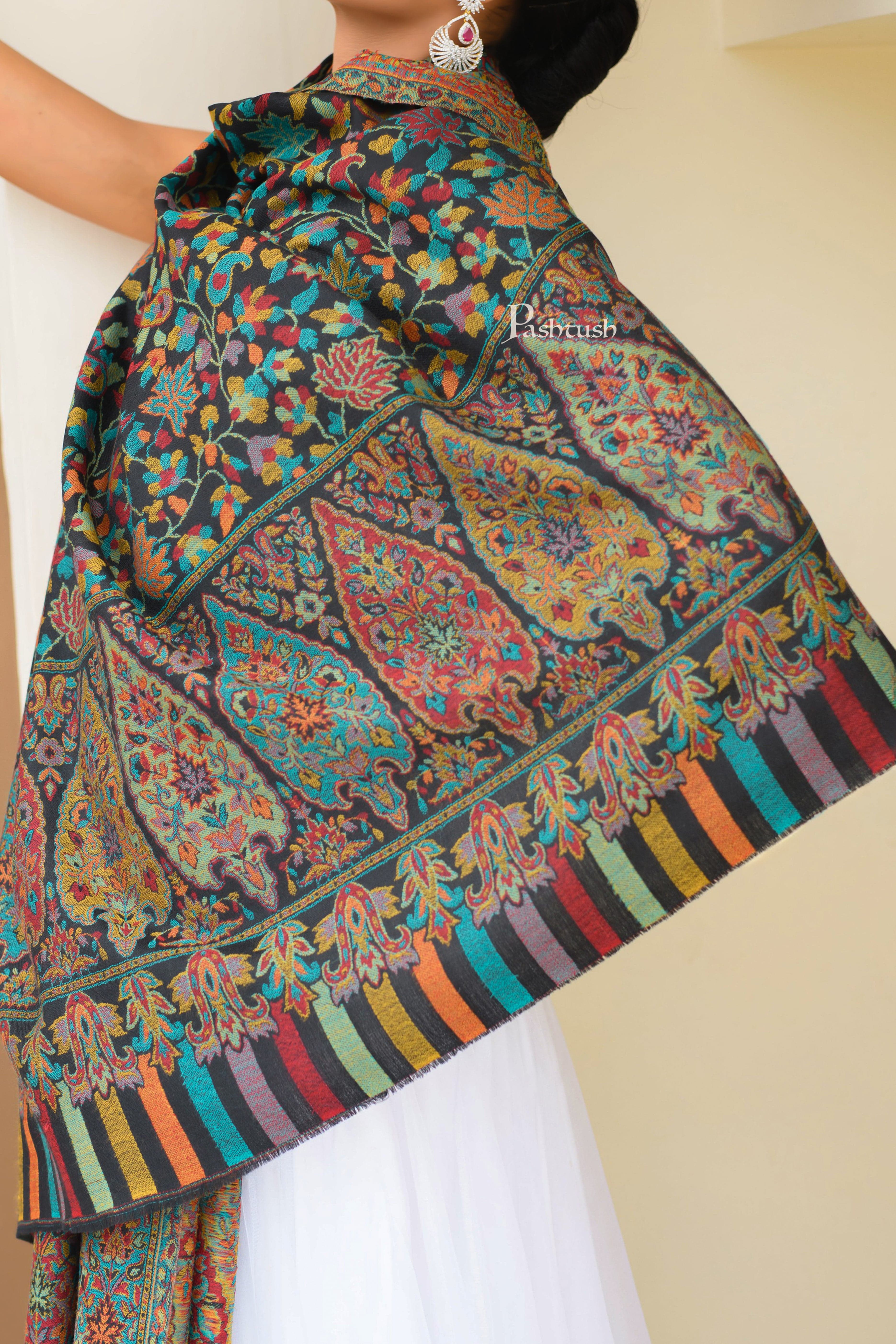 Pashtush Womens Extra Fine Wool Shawl, Soft, Ethnic Weave Design Design, Black - Image 2