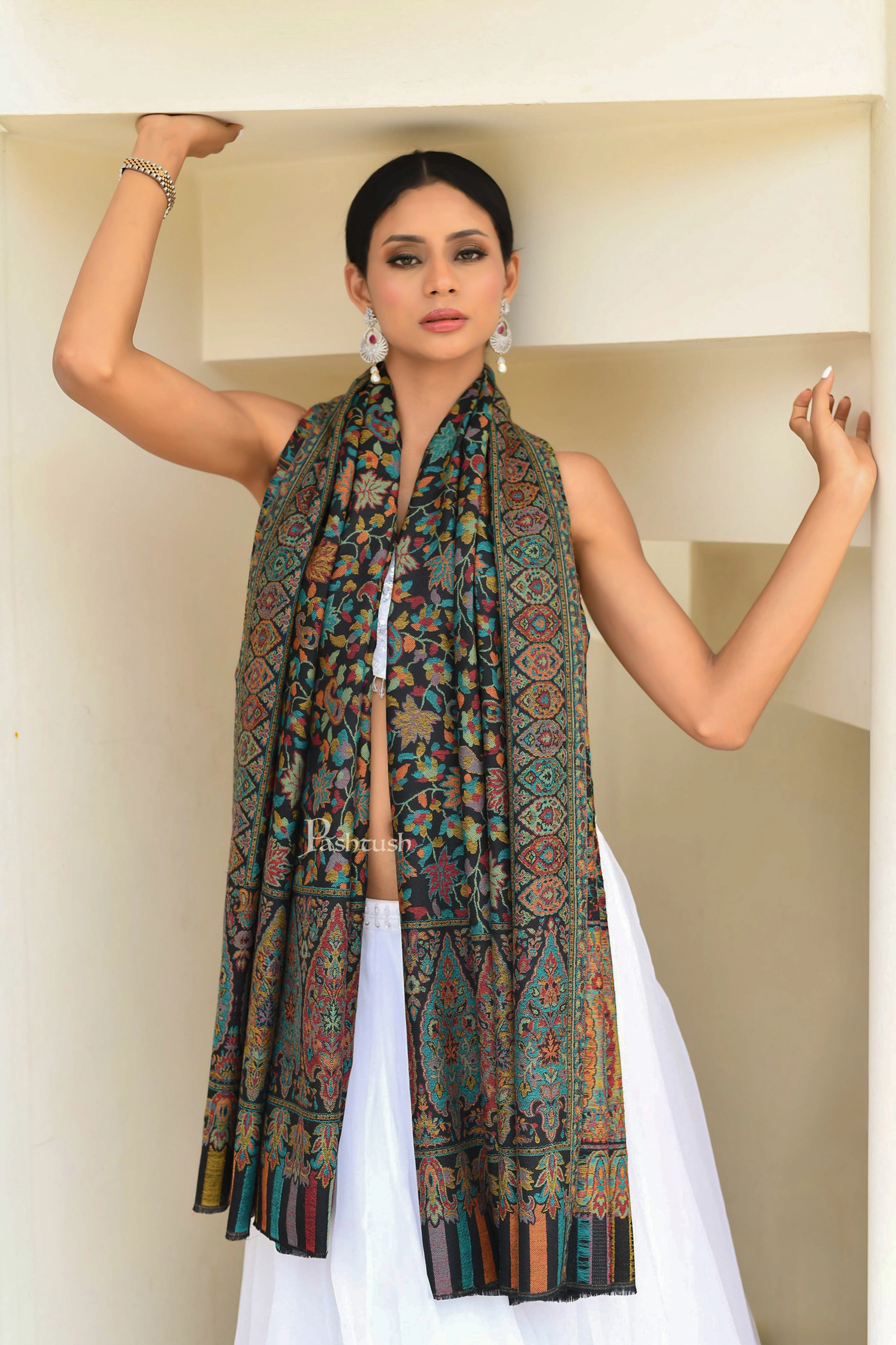 Pashtush Womens Extra Fine Wool Shawl, Soft, Ethnic Weave Design Design, Black - Image 3