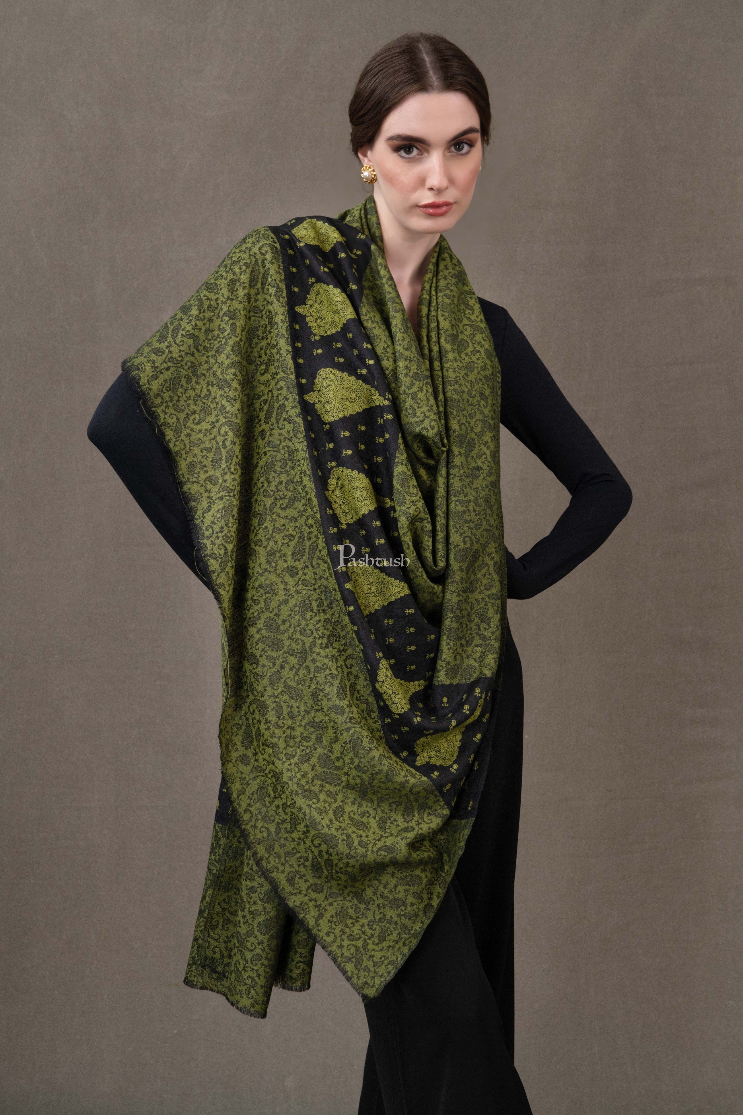 Pashtush Womens Extra Fine Wool Shawl, Soft Tone On Tone Embroidery Design, Green - Image 2