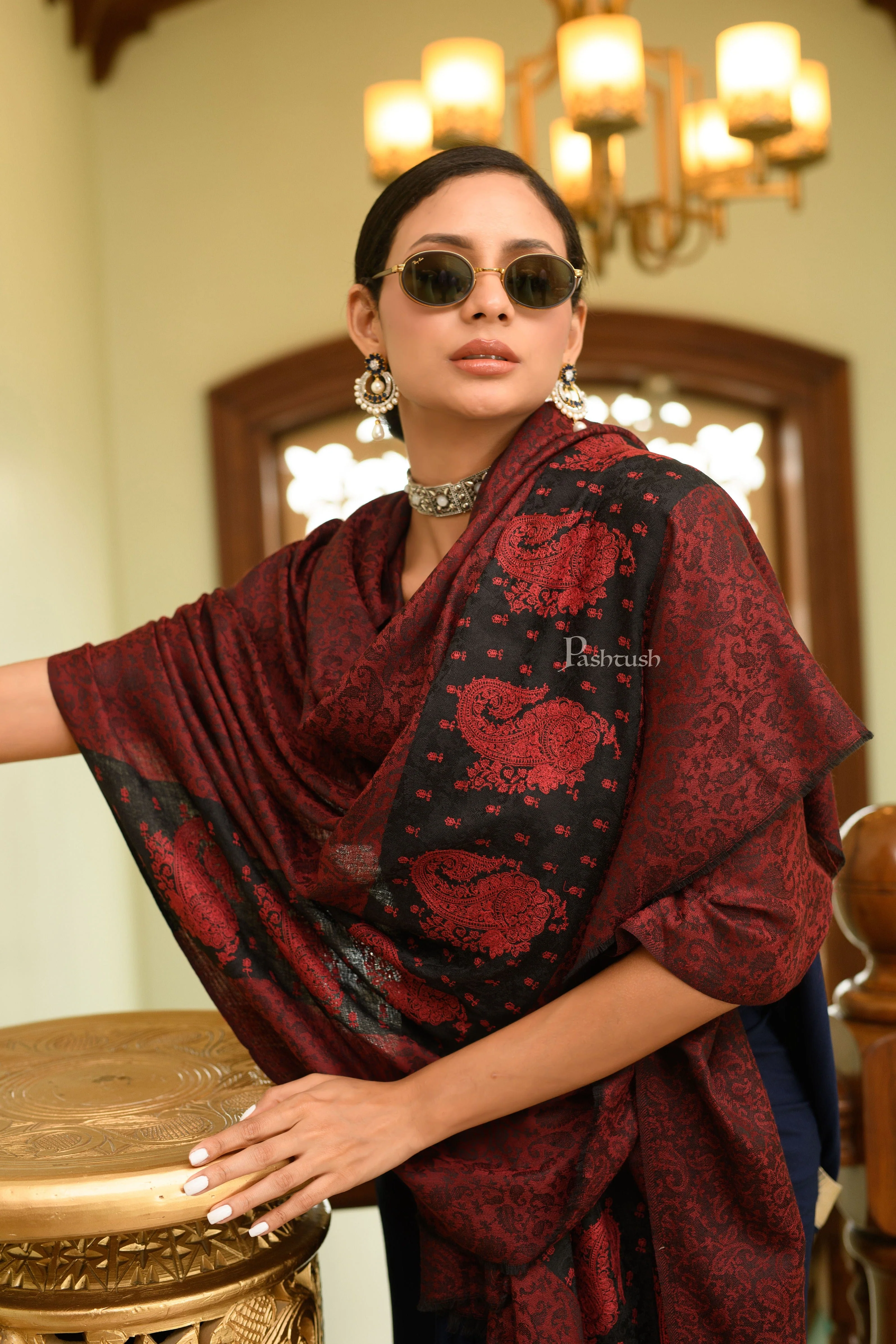 Pashtush Womens Extra Fine Wool Shawl, Soft Tone On Tone Embroidery Design, Maroon - Image 3