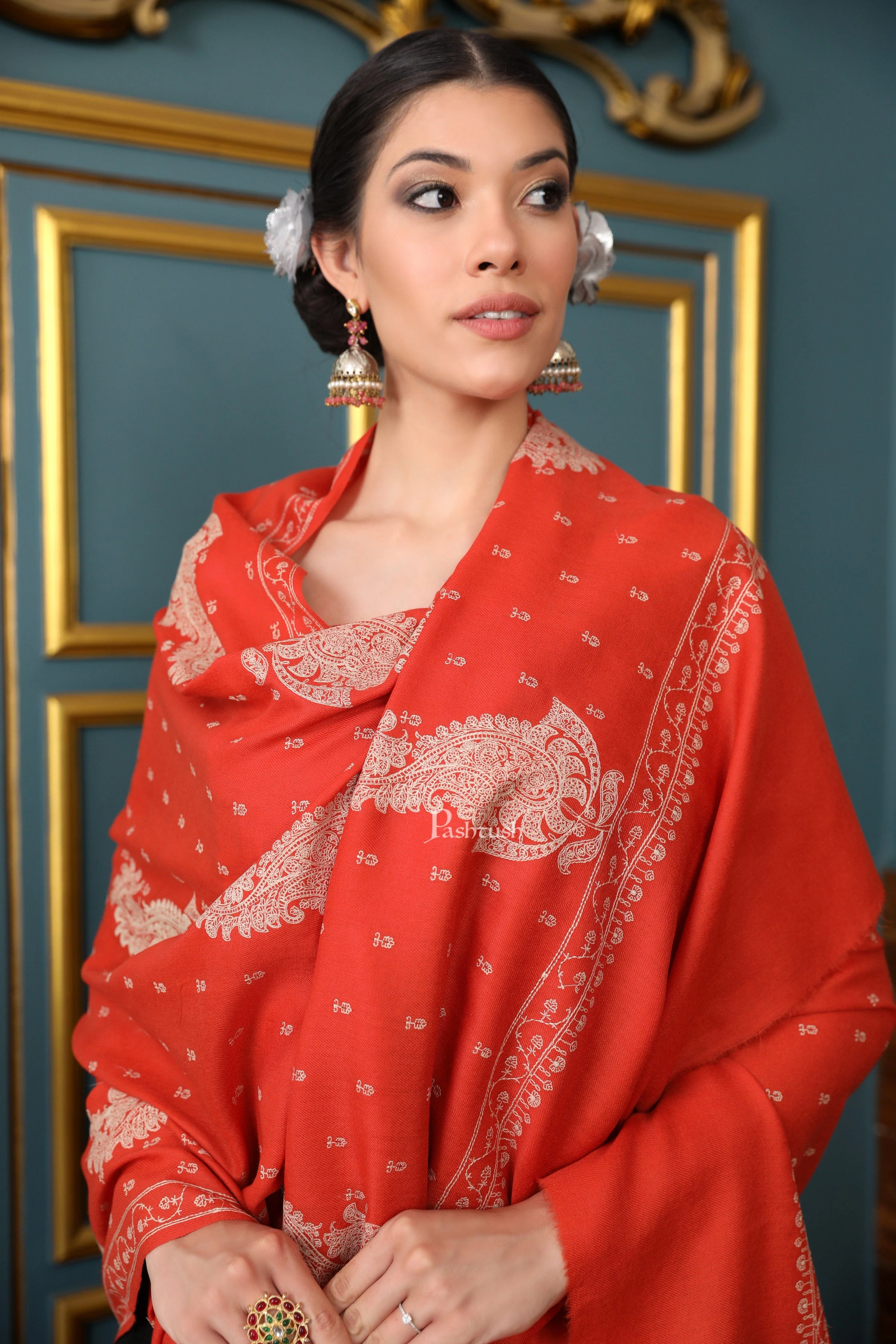 Pashtush Womens Extra Fine Wool Shawl, Tone And Tone Ambi Design, Orange - Image 3