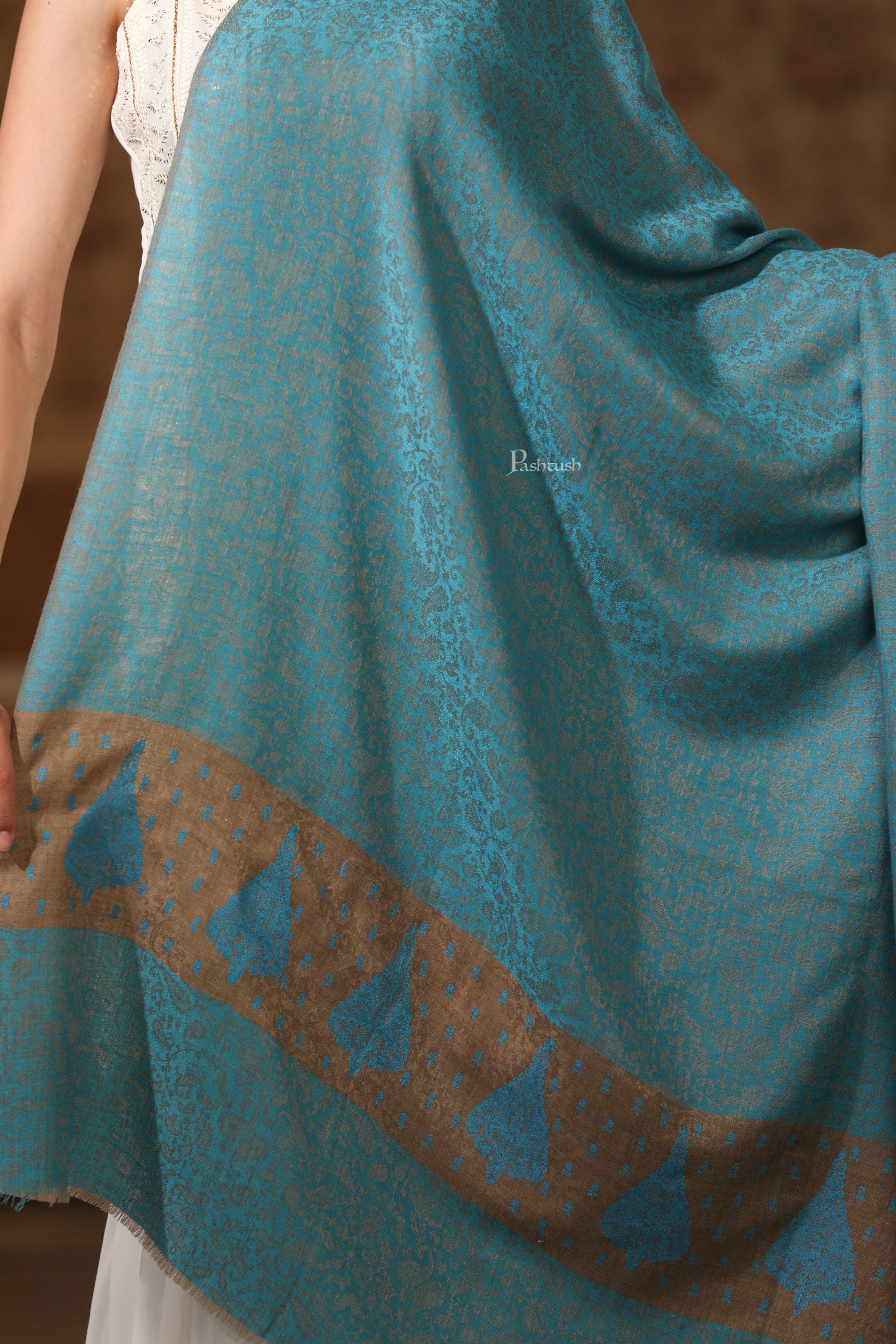 Pashtush Womens Extra Fine Wool Shawl, Tone On Tone Embroidery Design, Arabic Sea Blue - Image 2