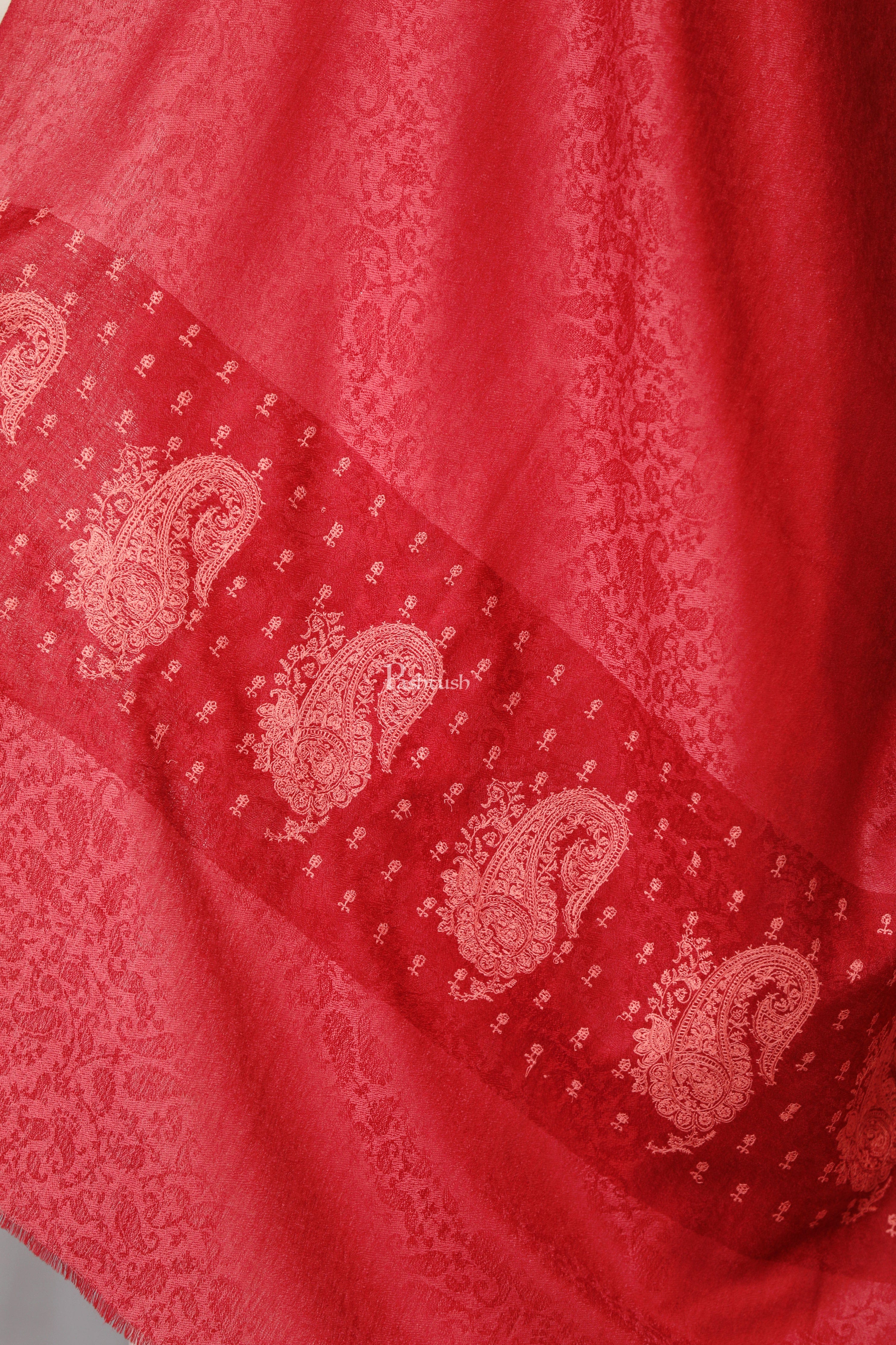 Pashtush Womens Extra Fine Wool Shawl, Tone On Tone Embroidery Design, red - Image 2