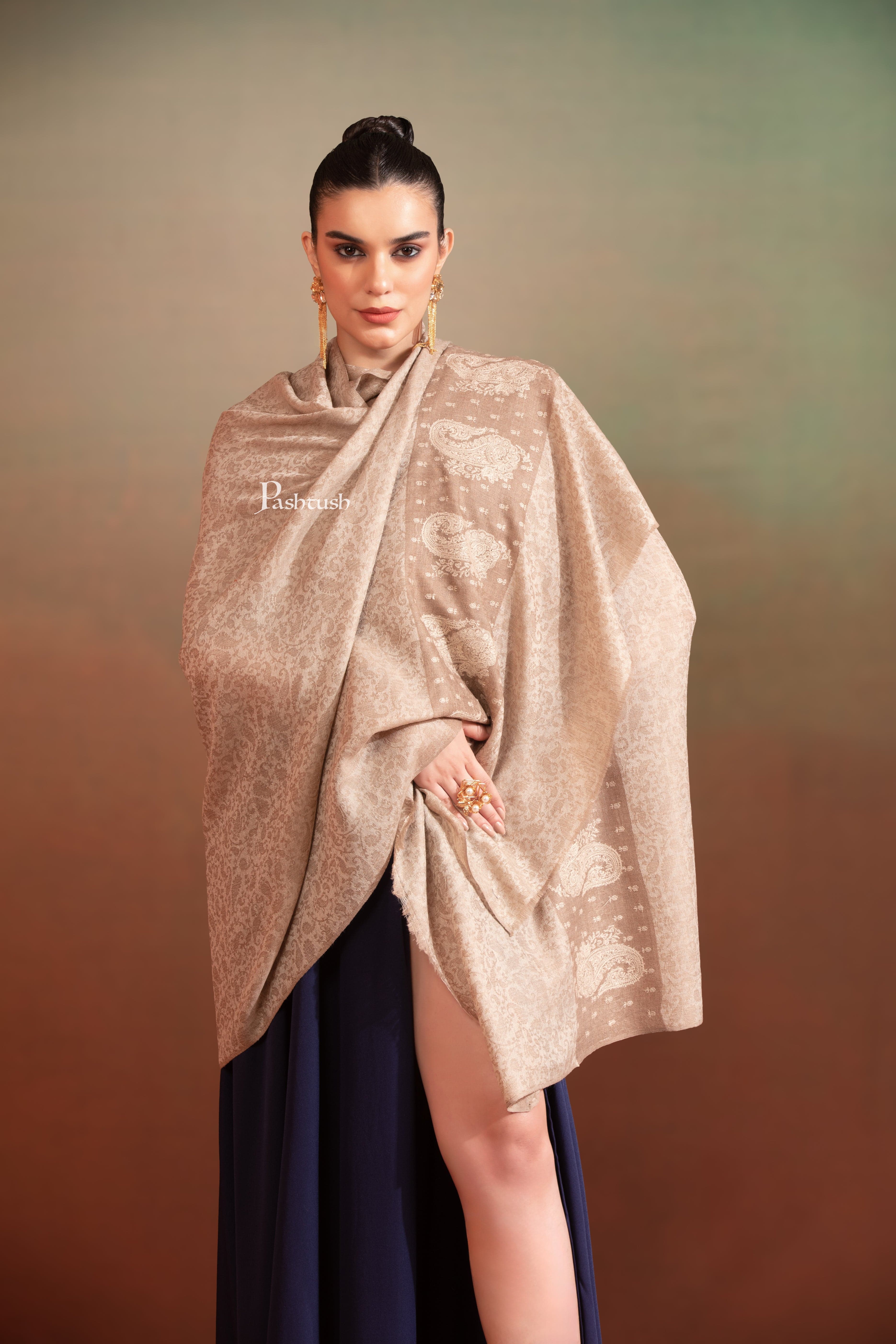 Pashtush Womens Extra Fine Wool Shawl, Tone On Tone Embroidery, Paisley Palla, Beige - Image 4