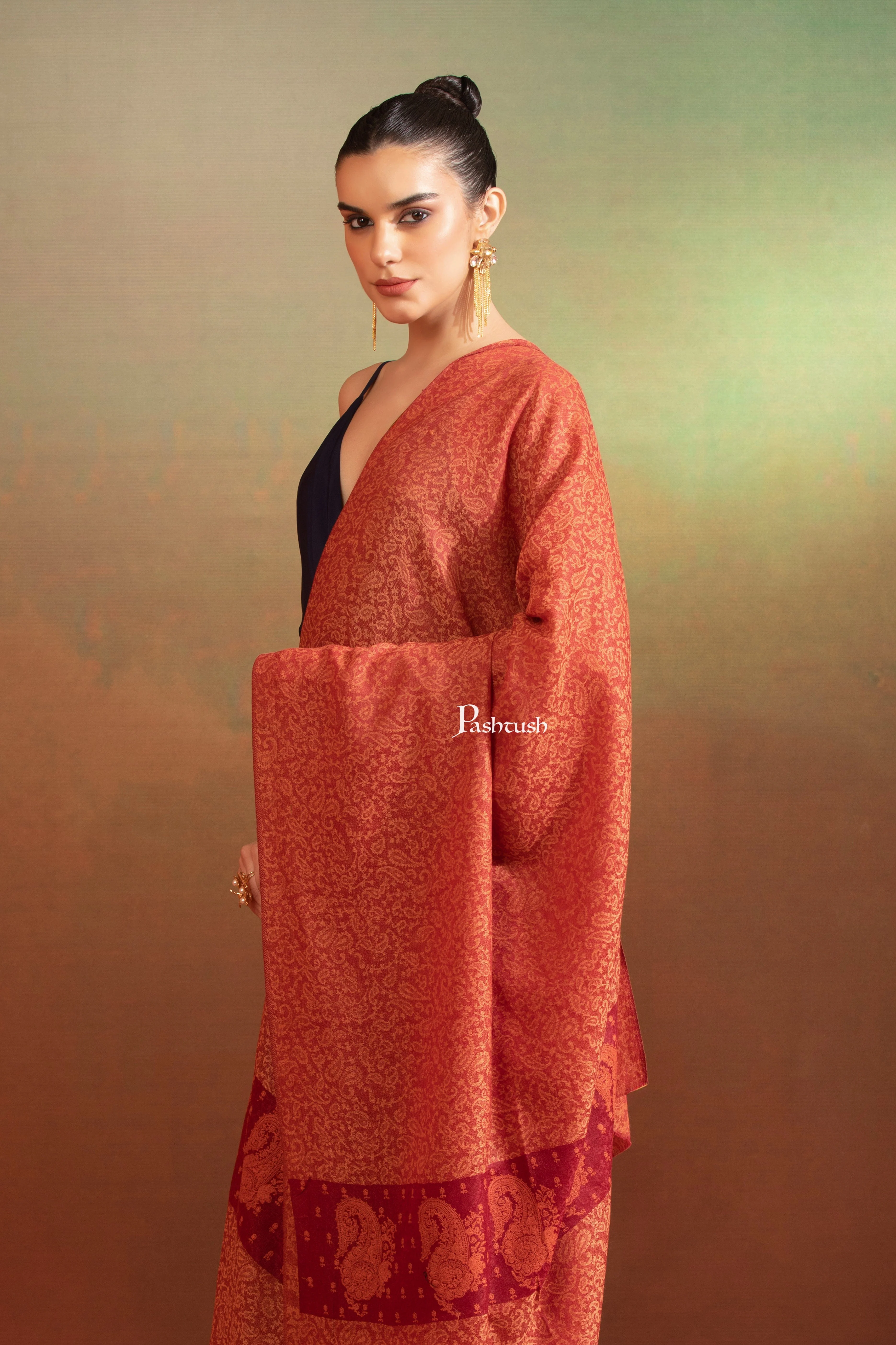 Pashtush Womens Extra Fine Wool Shawl, Tone On Tone Embroidery, Paisley Palla Design, Maroon - Image 3