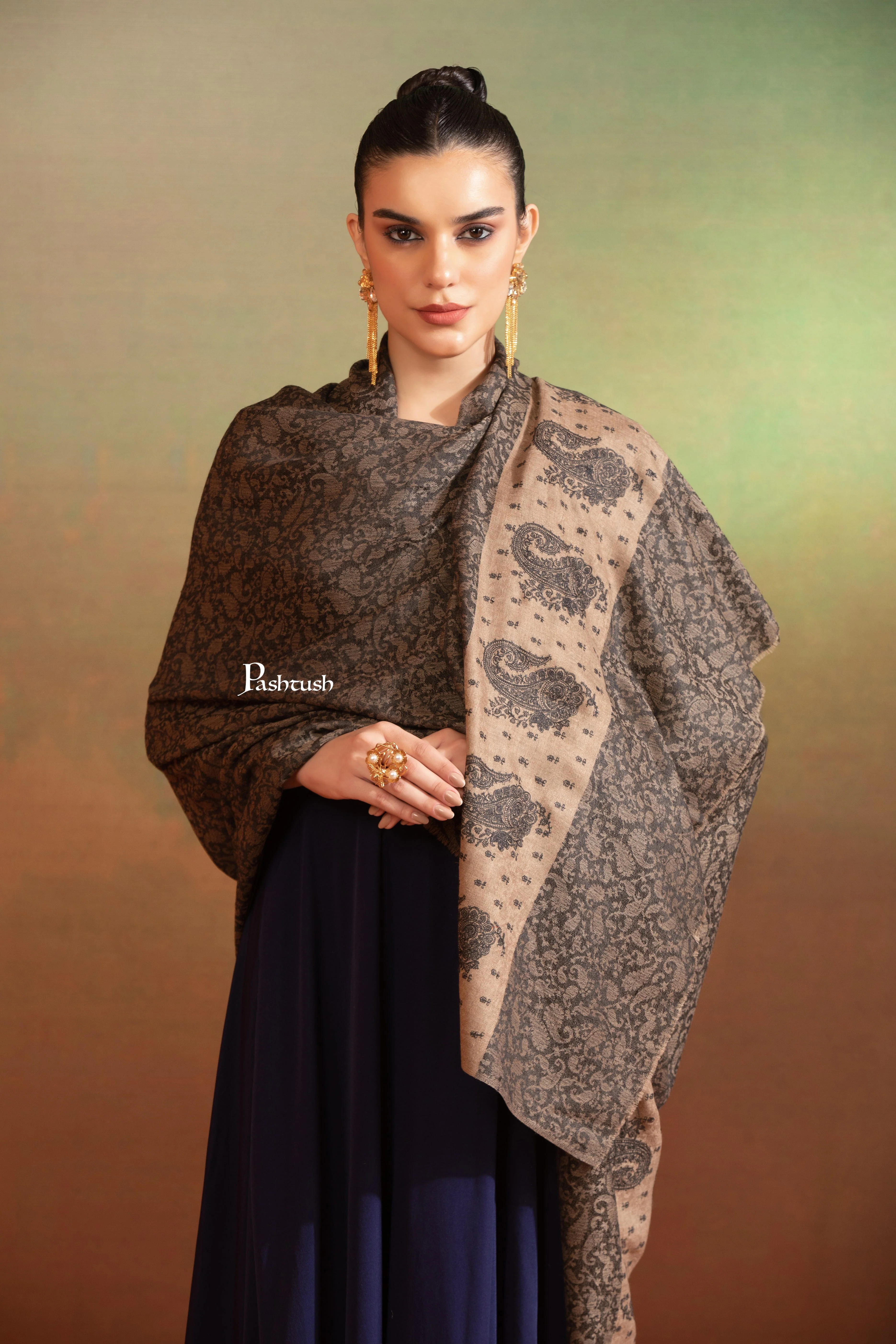Pashtush Womens Extra Fine Wool Shawl, Tone On Tone Palla Embroidery Design, Black - Image 4