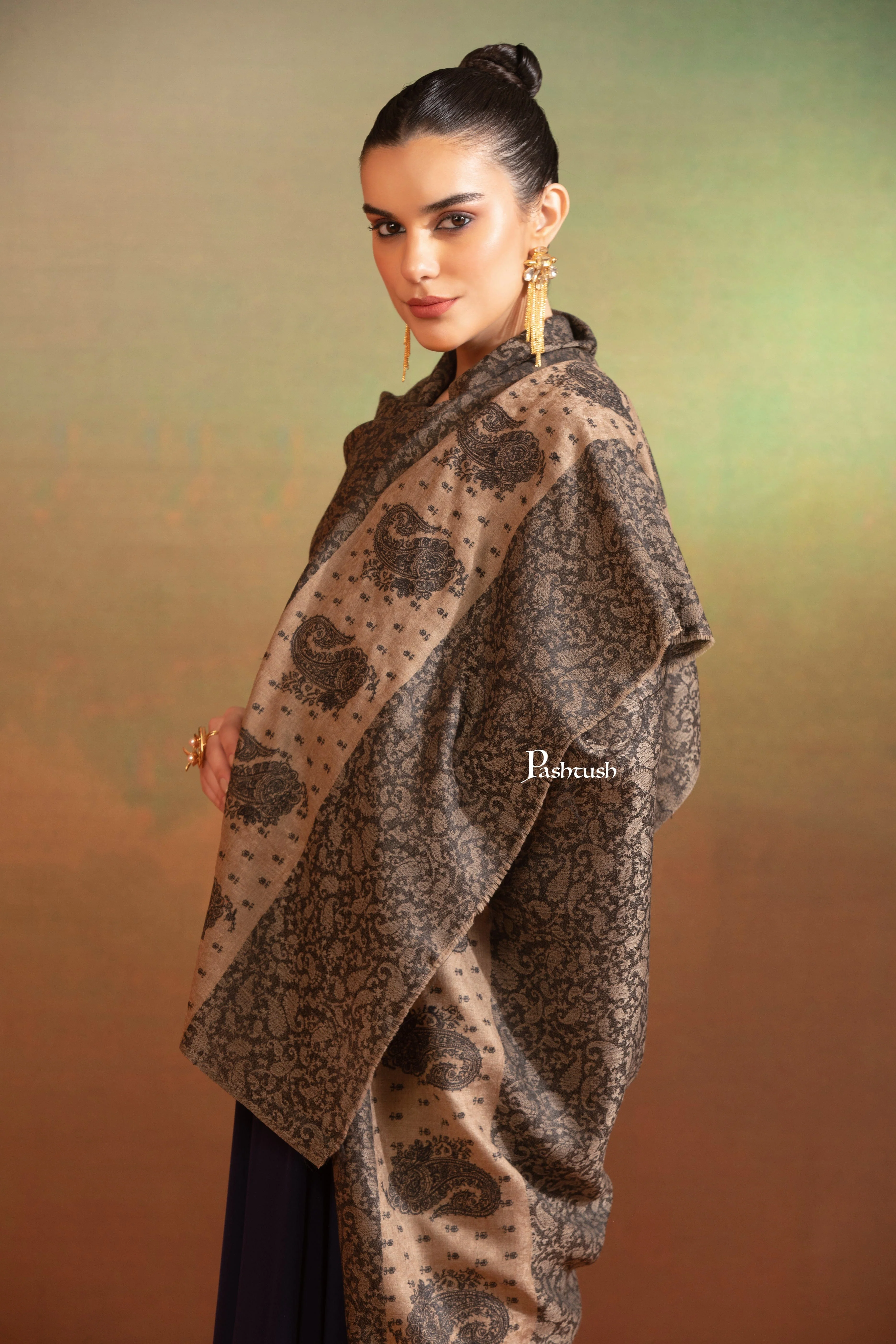 Pashtush Womens Extra Fine Wool Shawl, Tone On Tone Palla Embroidery Design, Black - Image 5