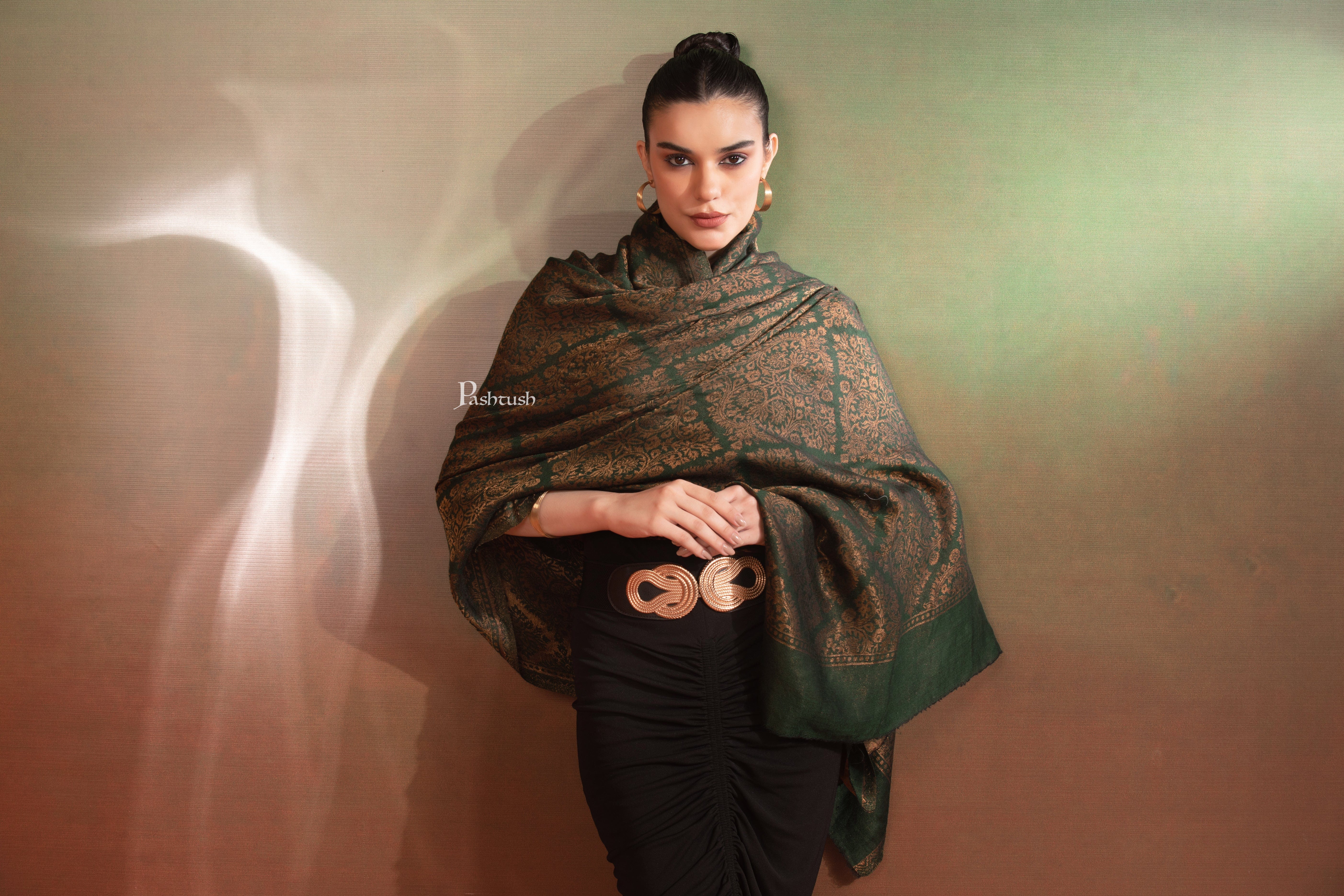 Pashtush Womens Extra Fine Wool Shawl, Twilight Collection, Woven Design, Green - Image 6