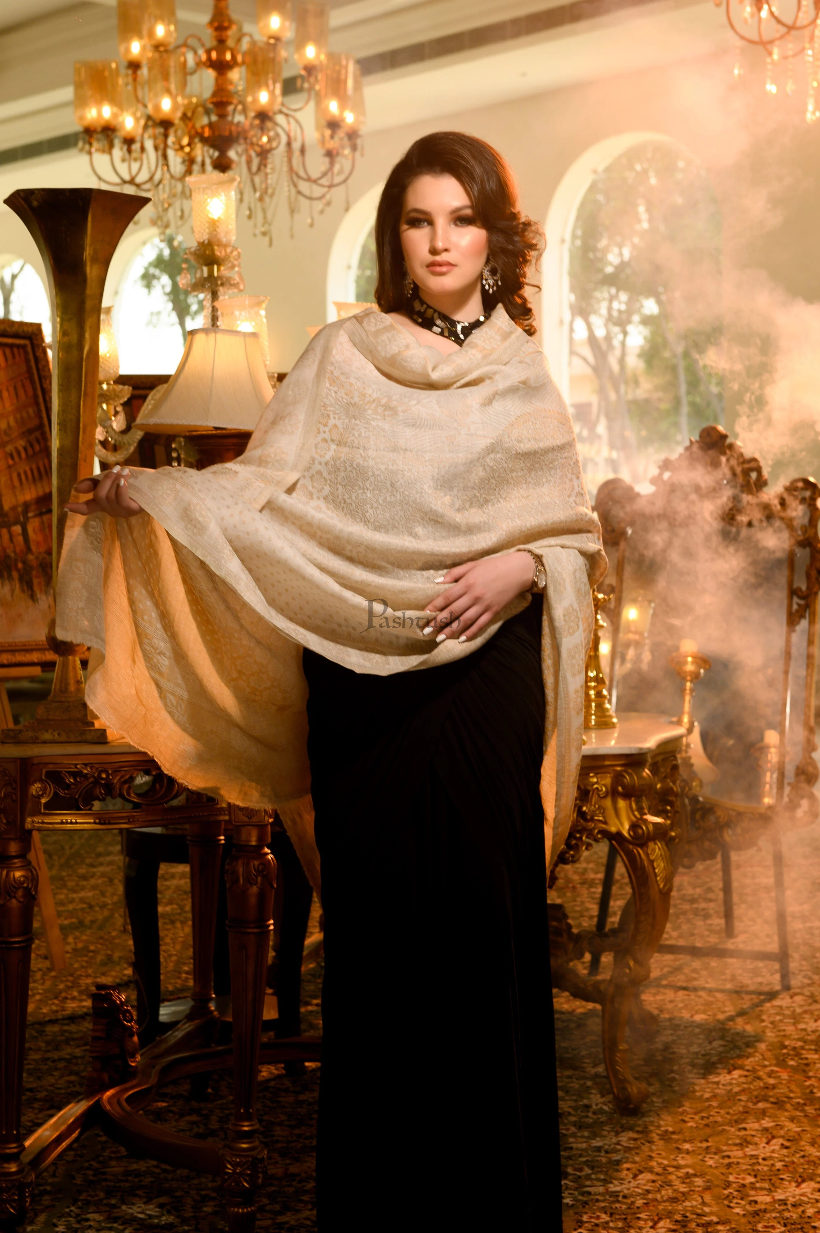 Pashtush Womens Extra Fine Wool Shawl, Twilight Reversible Design, Ivory - Image 4