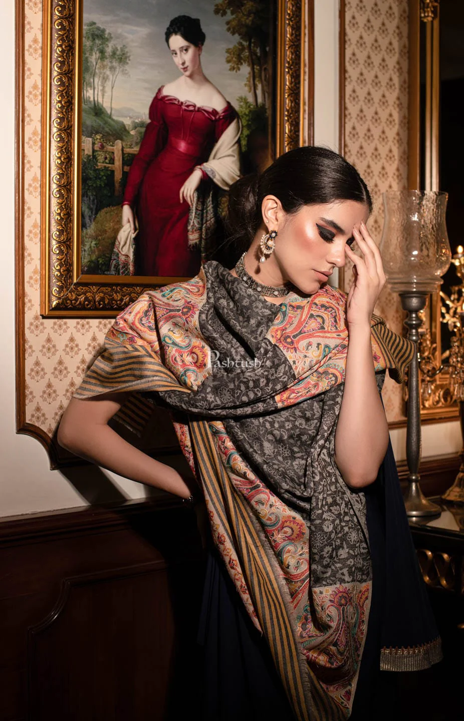 Pashtush womens Extra Fine Wool shawl, With Embroidered Ethnic Palla design, Black - Image 4