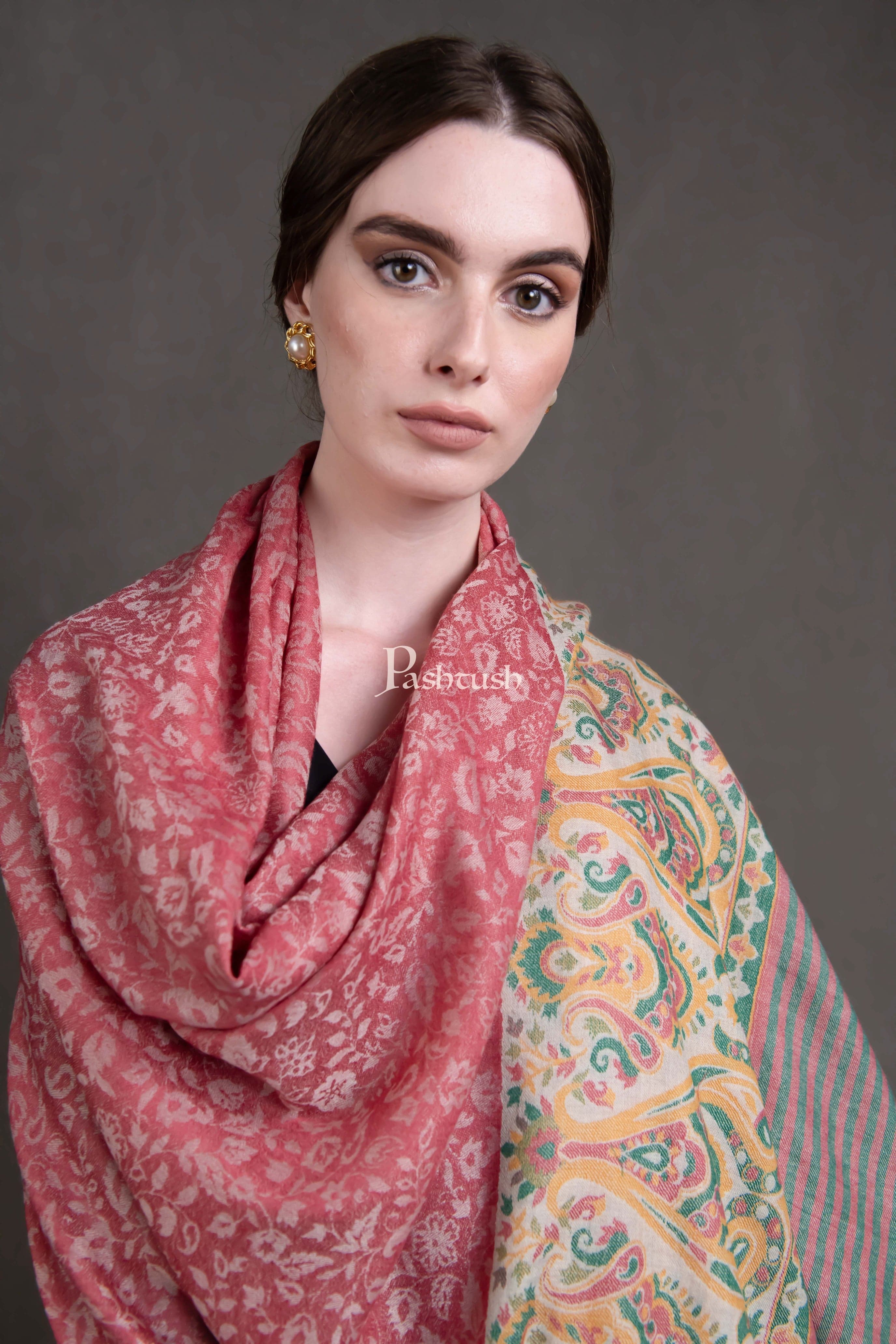 Pashtush Womens Extra Fine Wool Shawl, Woven Ethnic Palla Design, Rose - Image 4
