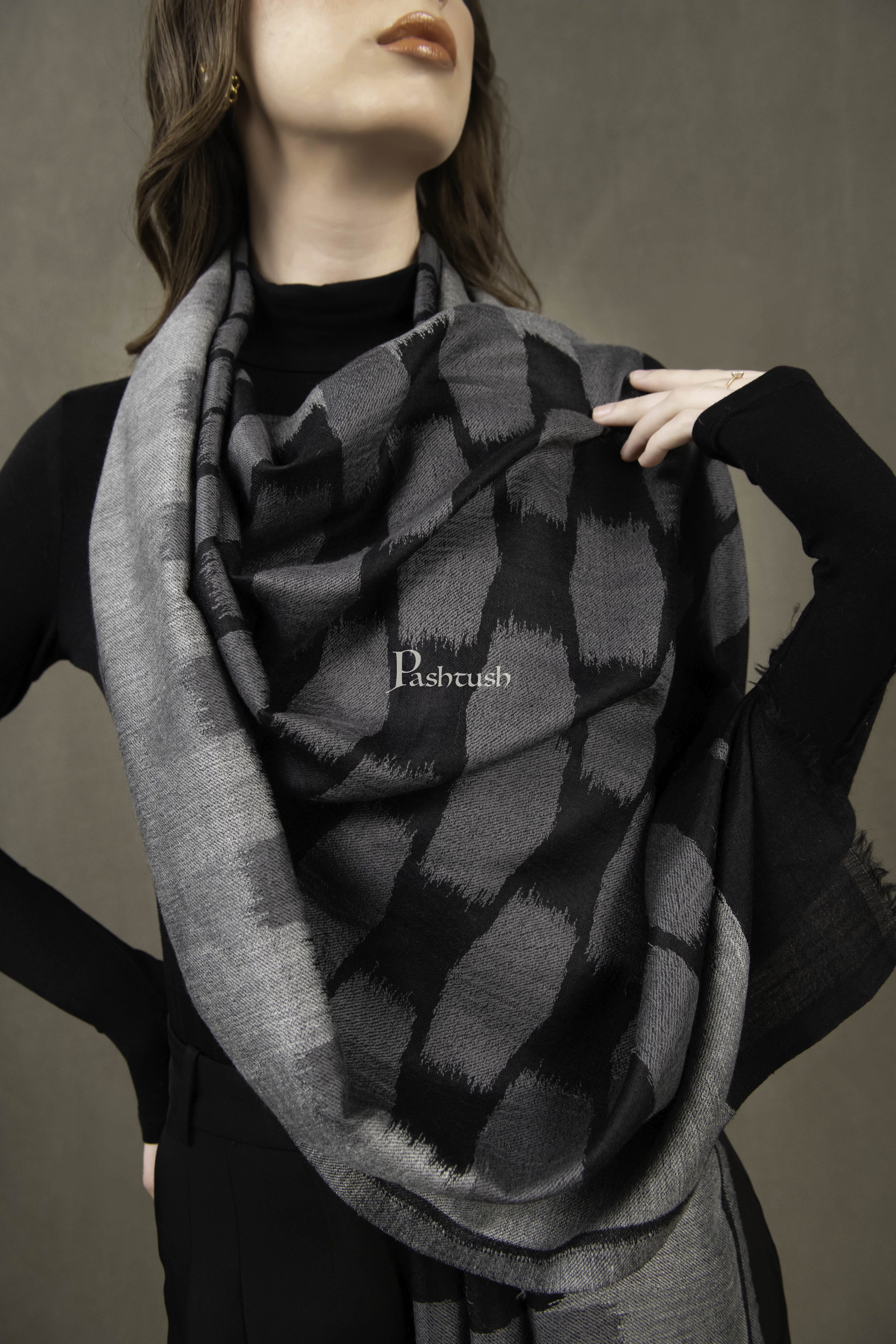 Pashtush Womens Extra Fine Wool Silk Stole, Ikkat Design, Black And Grey - Image 2
