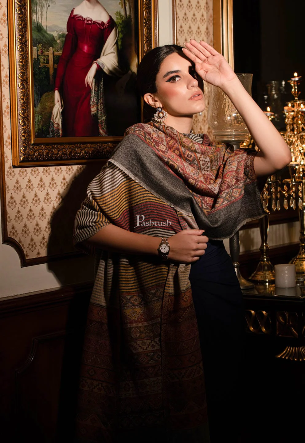 Pashtush womens Extra Fine Wool Stole, Aztec Weave, Reversible design, Multicolour - Image 7