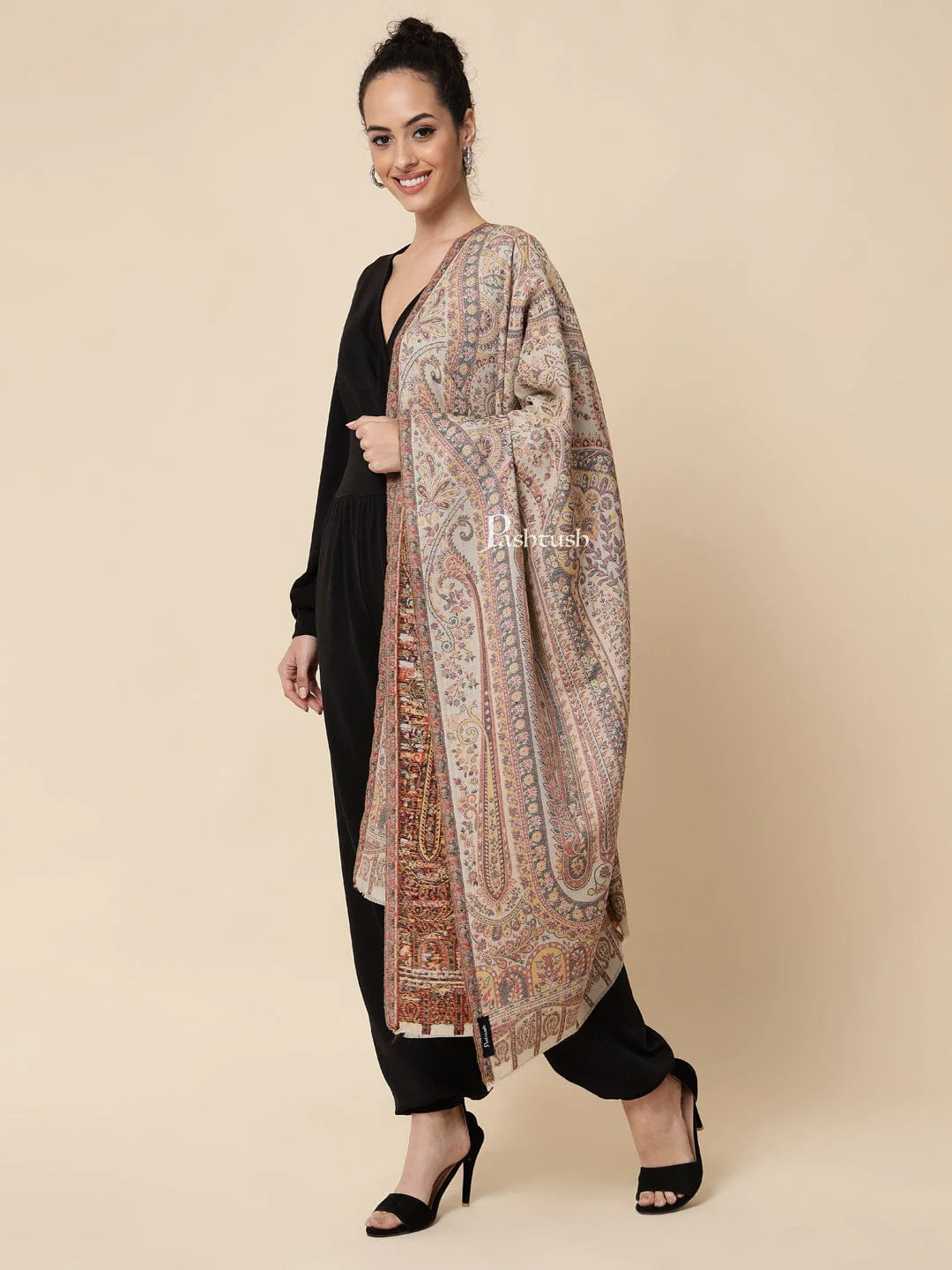 Pashtush womens Extra Fine Wool stole, beige - Image 3