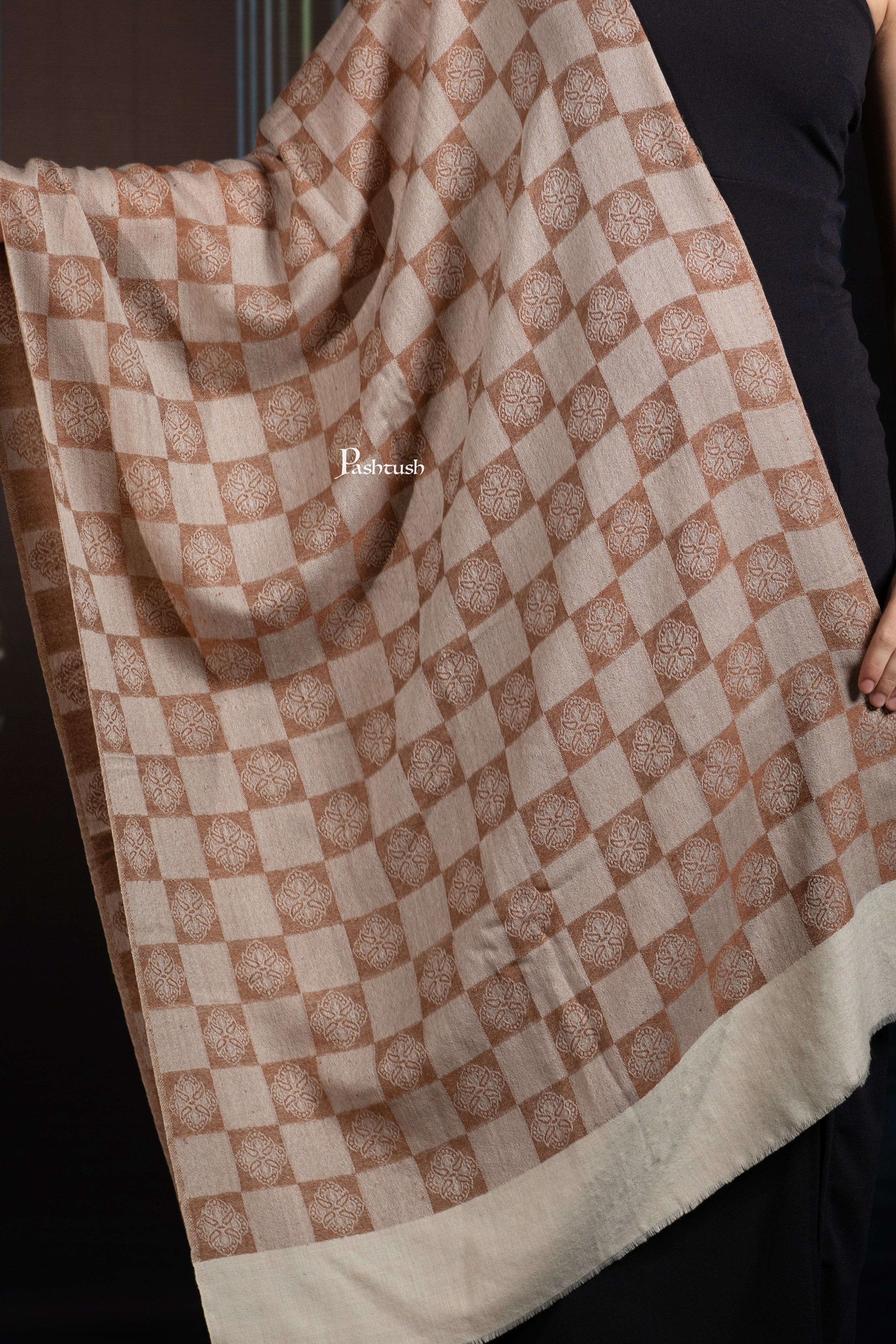 Pashtush Womens Extra Fine Wool Stole, Checkered Design, Coffee And Beige - Image 2