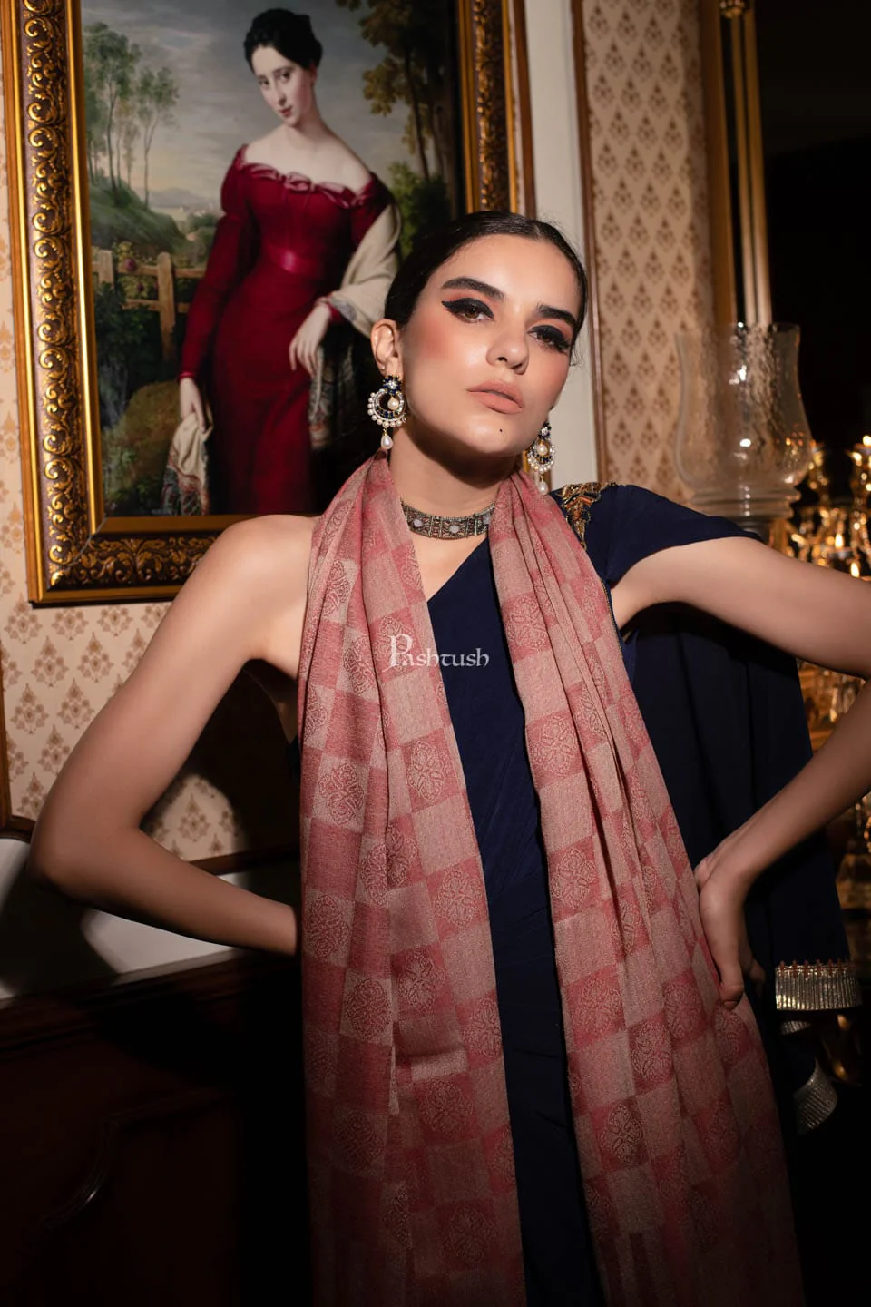 Pashtush womens Extra Fine Wool Stole, Checkered design, Maroon - Image 2