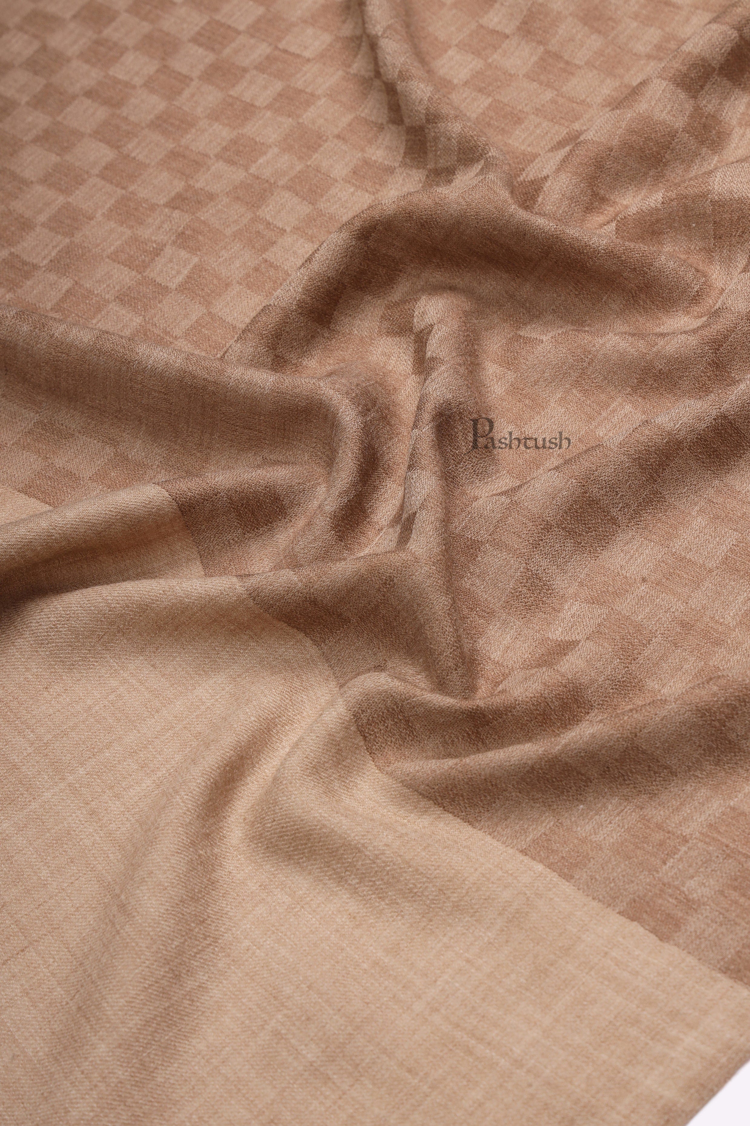 Pashtush Womens Extra Fine Wool Stole, Checkered Weave Design, Taupe - Image 2