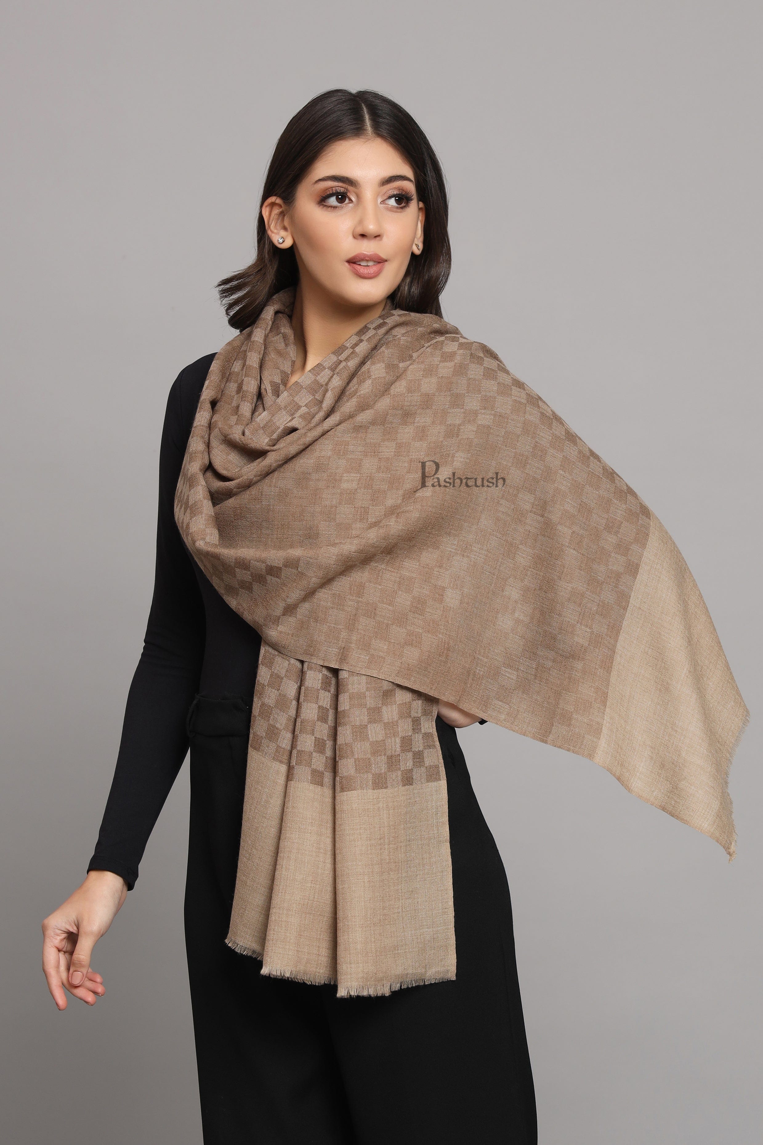 Pashtush Womens Extra Fine Wool Stole, Checkered Weave Design, Taupe - Image 5