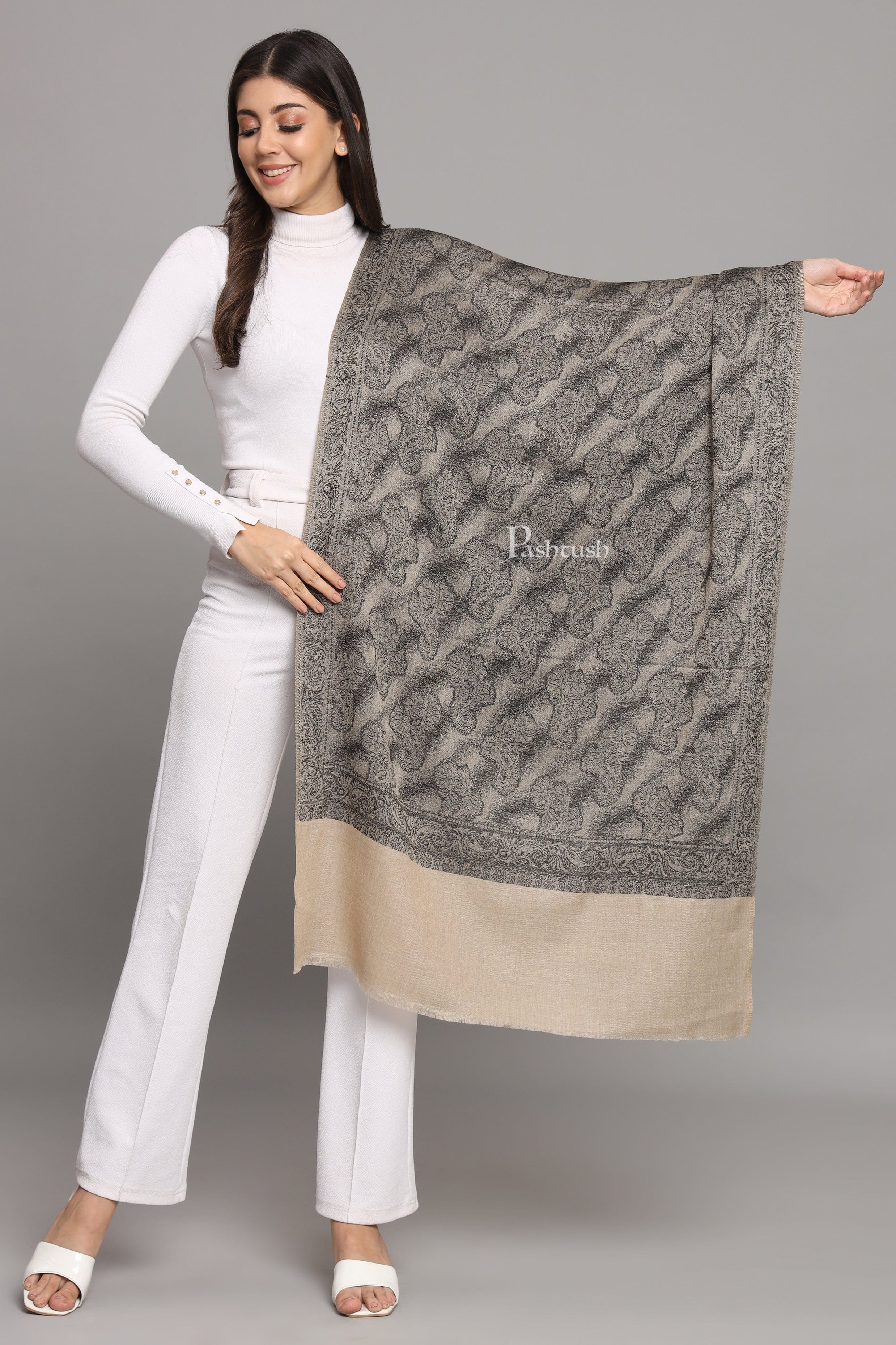 Pashtush Womens Extra Fine Wool Stole,  Design, Black - Image 4