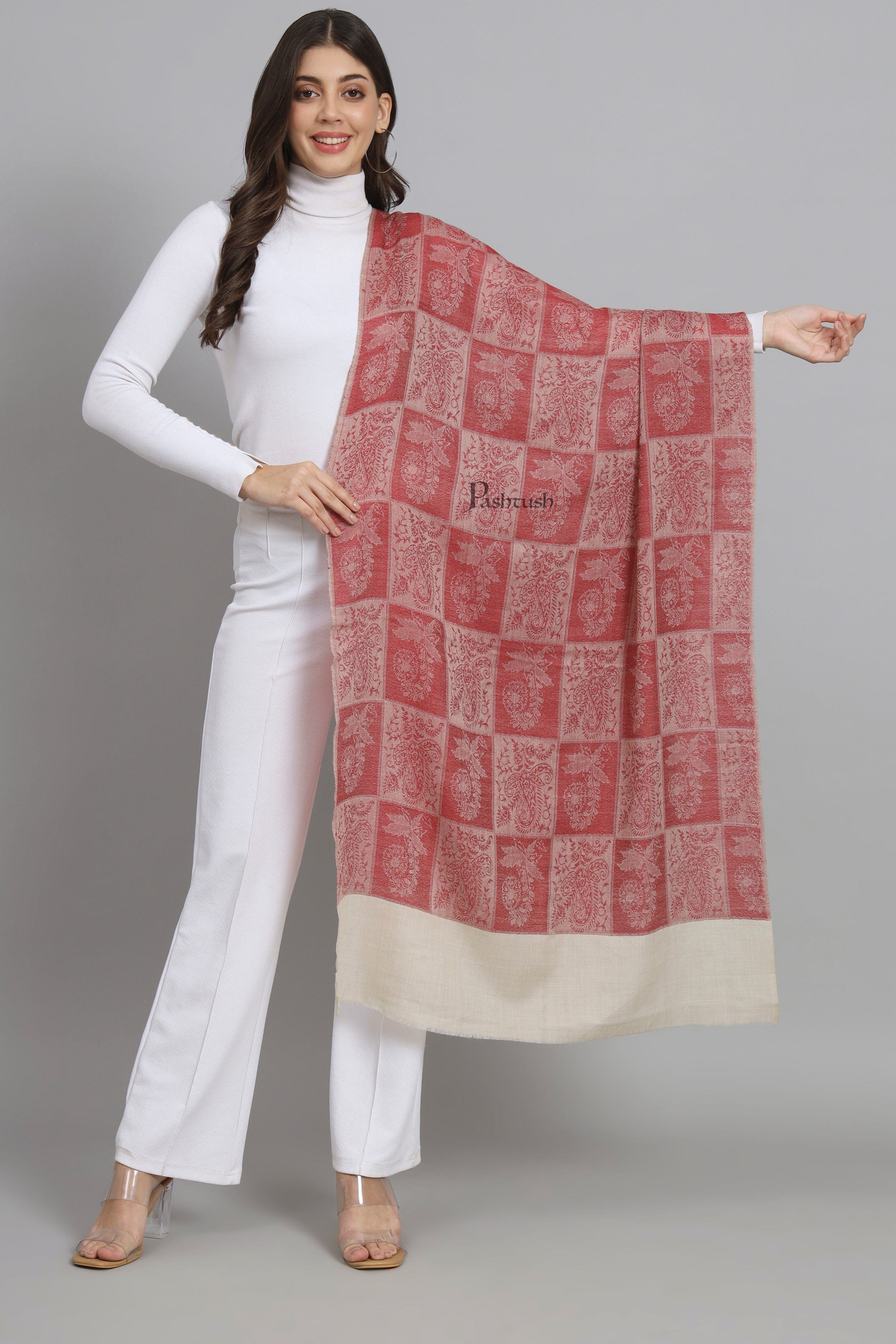 Pashtush Womens Extra Fine Wool Stole,  Design, Maroon - Image 5