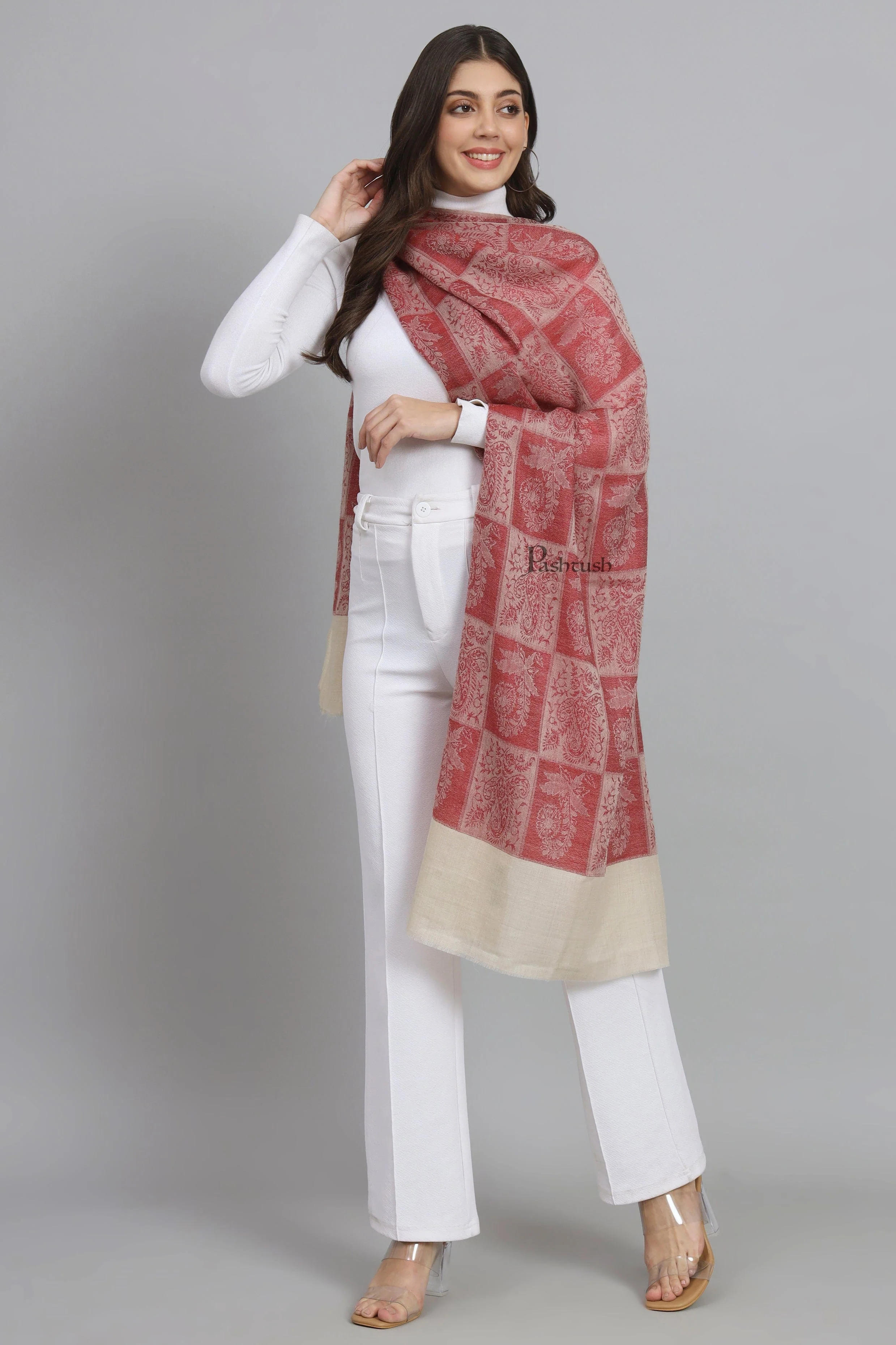 Pashtush Womens Extra Fine Wool Stole,  Design, Maroon - Image 6