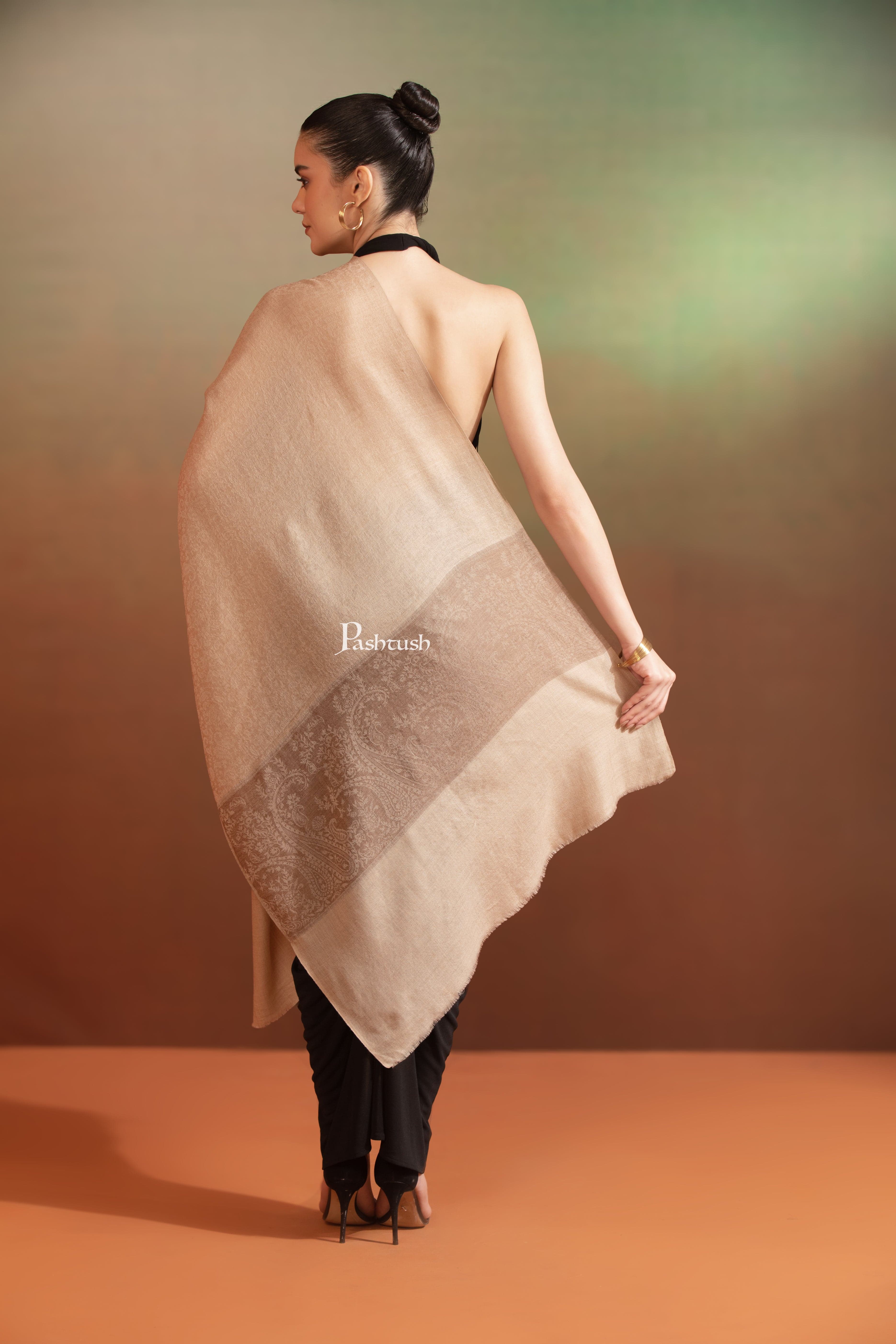 Pashtush Womens Extra Fine Wool Stole,  Design, Taupe - Image 5