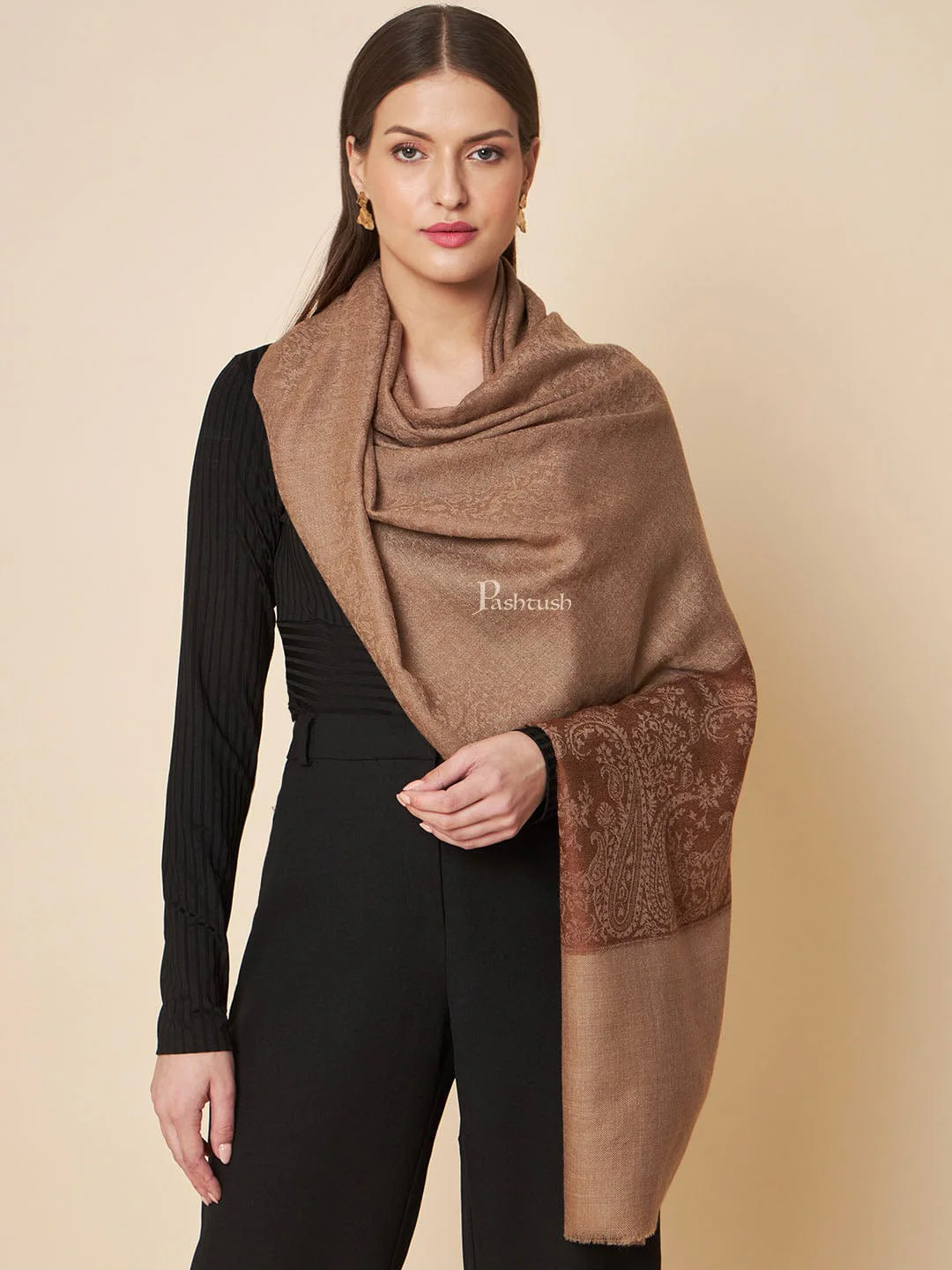 Pashtush Womens Extra Fine Wool Stole, Ethnic Palla Design, Taupe - Image 2