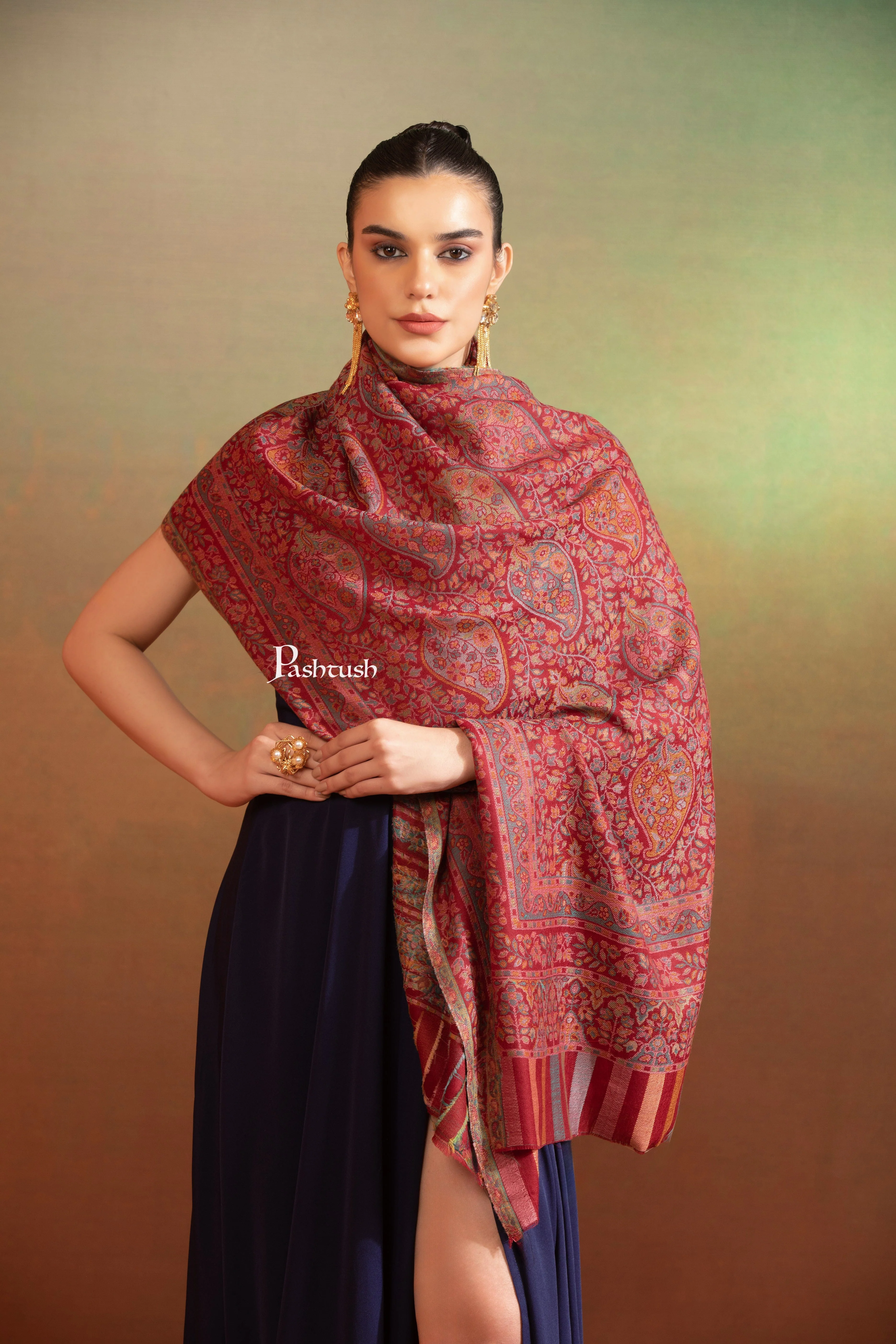 Pashtush Womens Extra Fine Wool Stole, Ethnic Weave Design, Crimson - Image 3