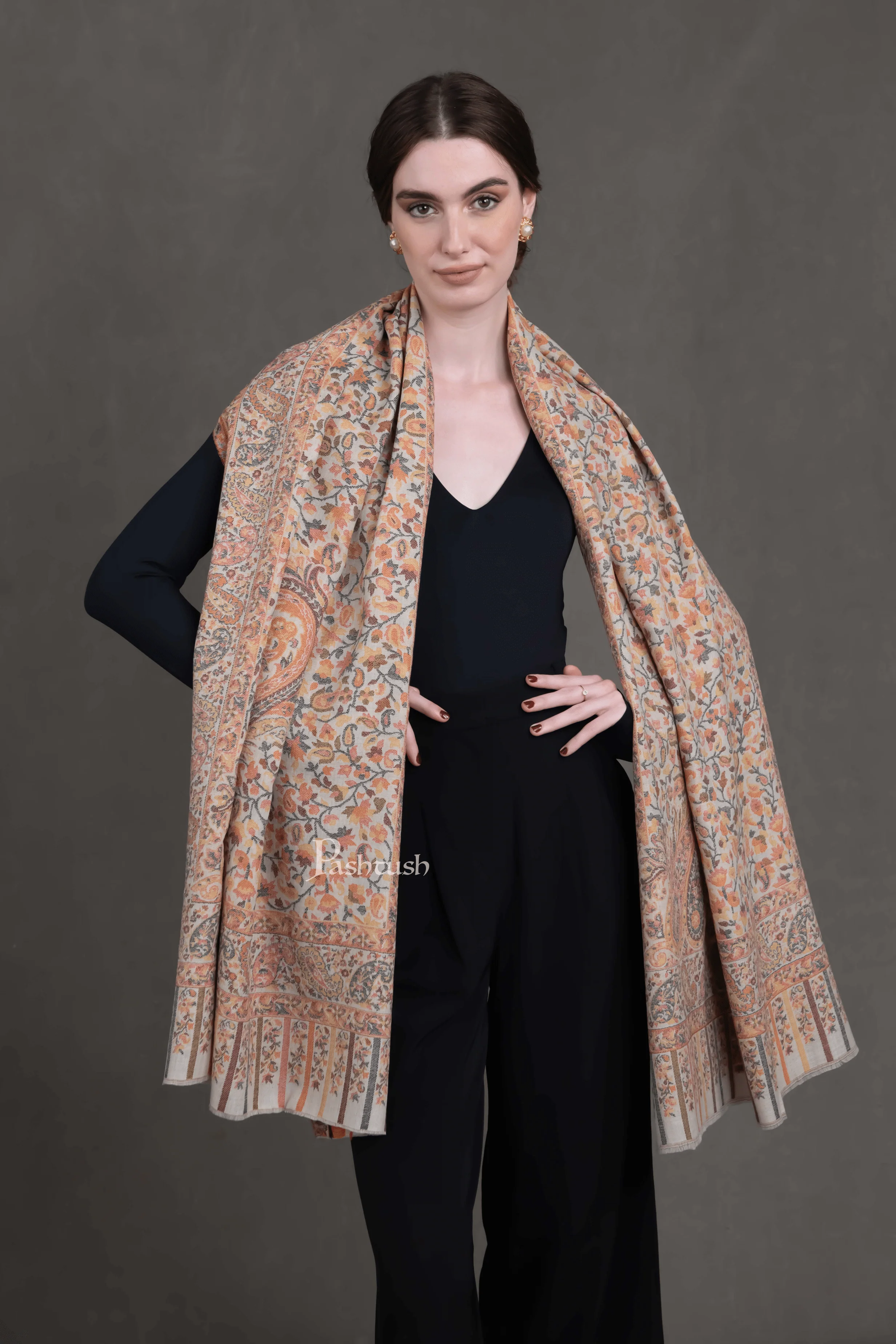 Pashtush Womens Extra Fine Wool Stole, Ethnic Weave Woven Design, Beige - Image 2