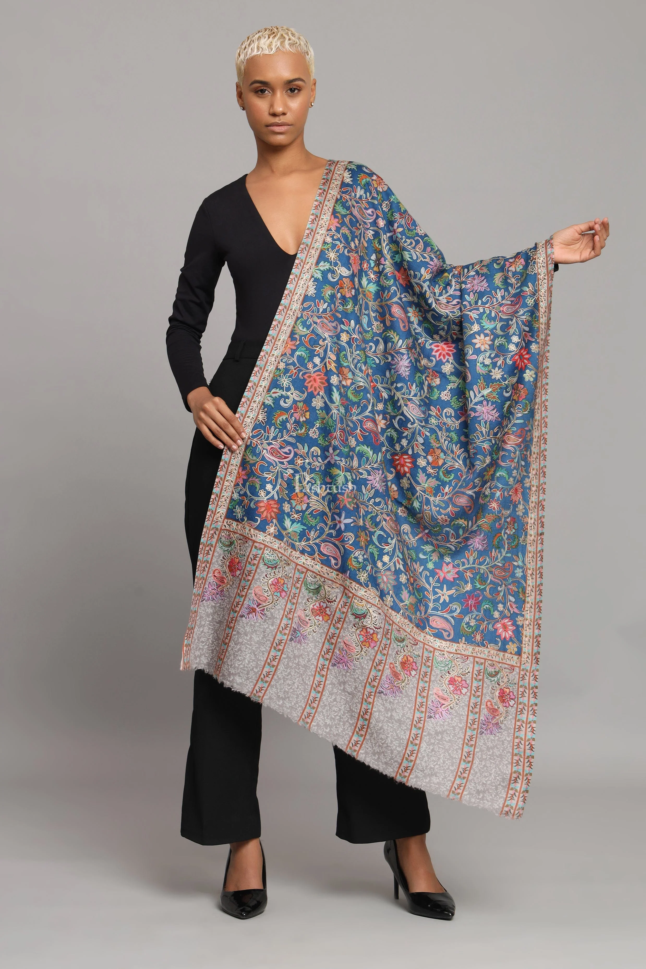 Pashtush Womens Extra Fine Wool Stole, Kalamkari Embroidery Design, Blue - Image 2