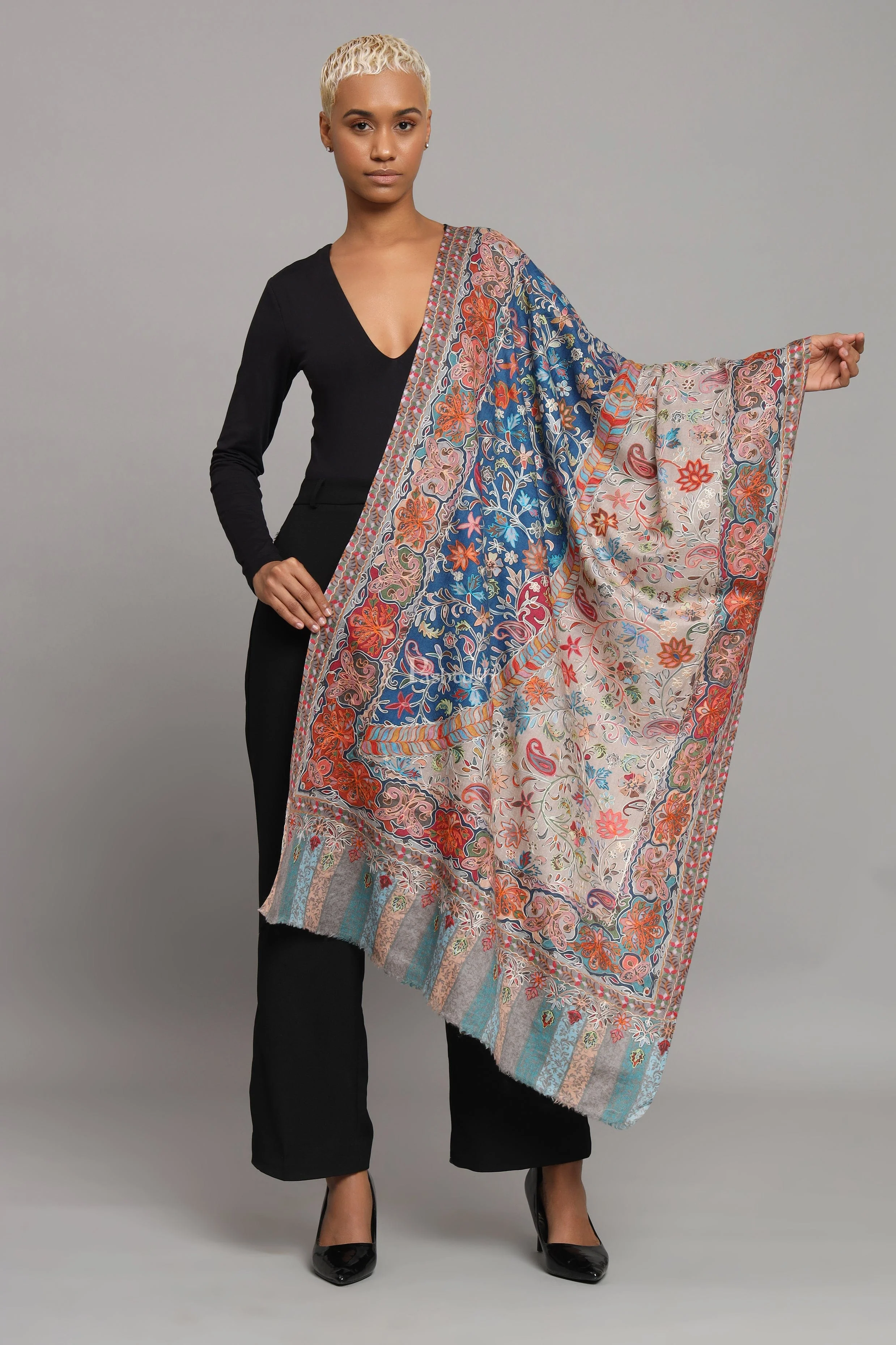 Pashtush Womens Extra Fine Wool Stole, Kalamkari Embroidery Design, Multicolour - Image 4