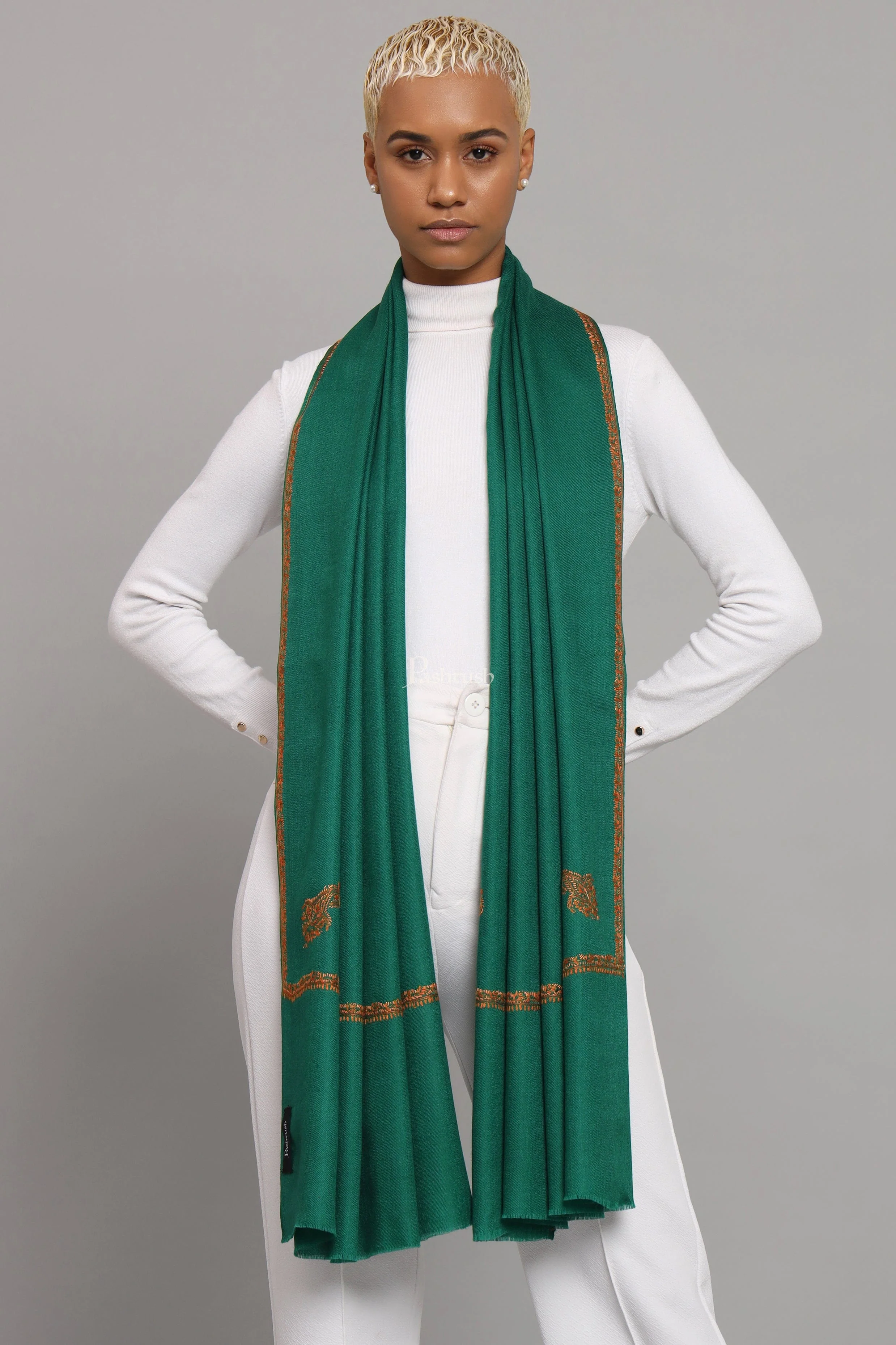 Pashtush Womens Extra Fine Wool Stole, Kashmiri Hand Embroidery, Kingri Design, Bottle Green - Image 3