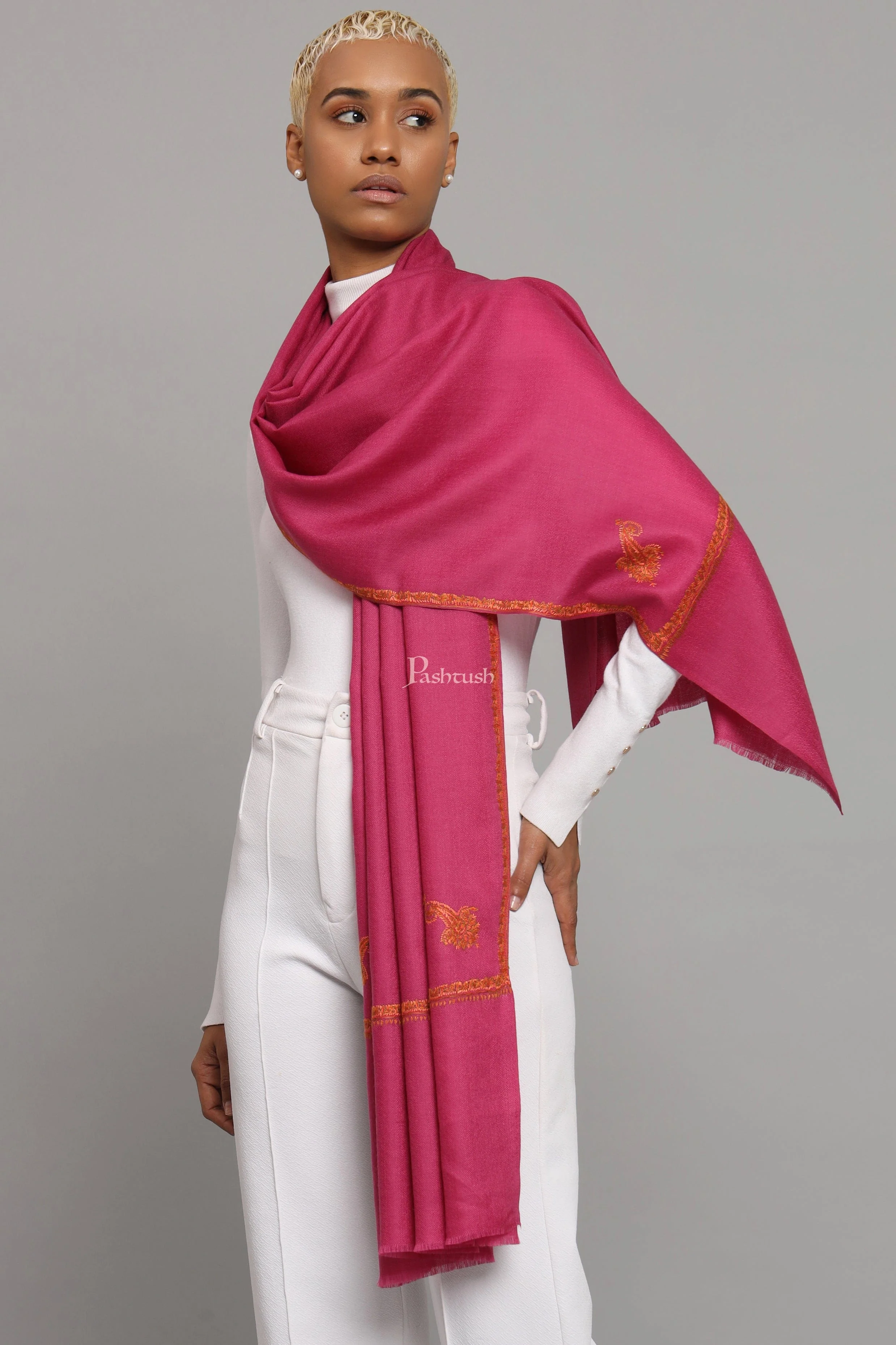 Pashtush Womens Extra Fine Wool Stole, Kashmiri Hand Embroidery, Kingri Design, Majenta - Image 2