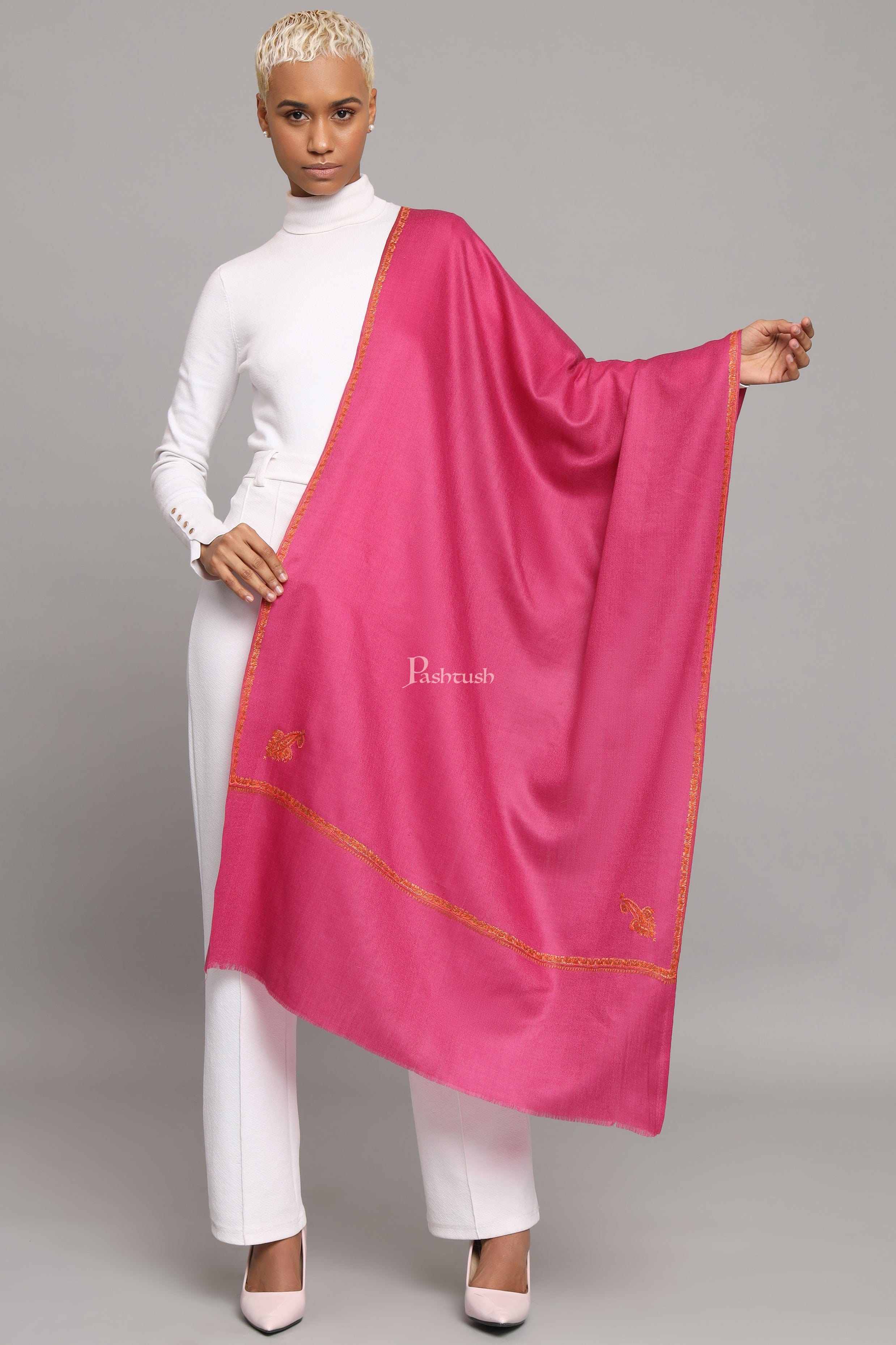 Pashtush Womens Extra Fine Wool Stole, Kashmiri Hand Embroidery, Kingri Design, Majenta - Image 5