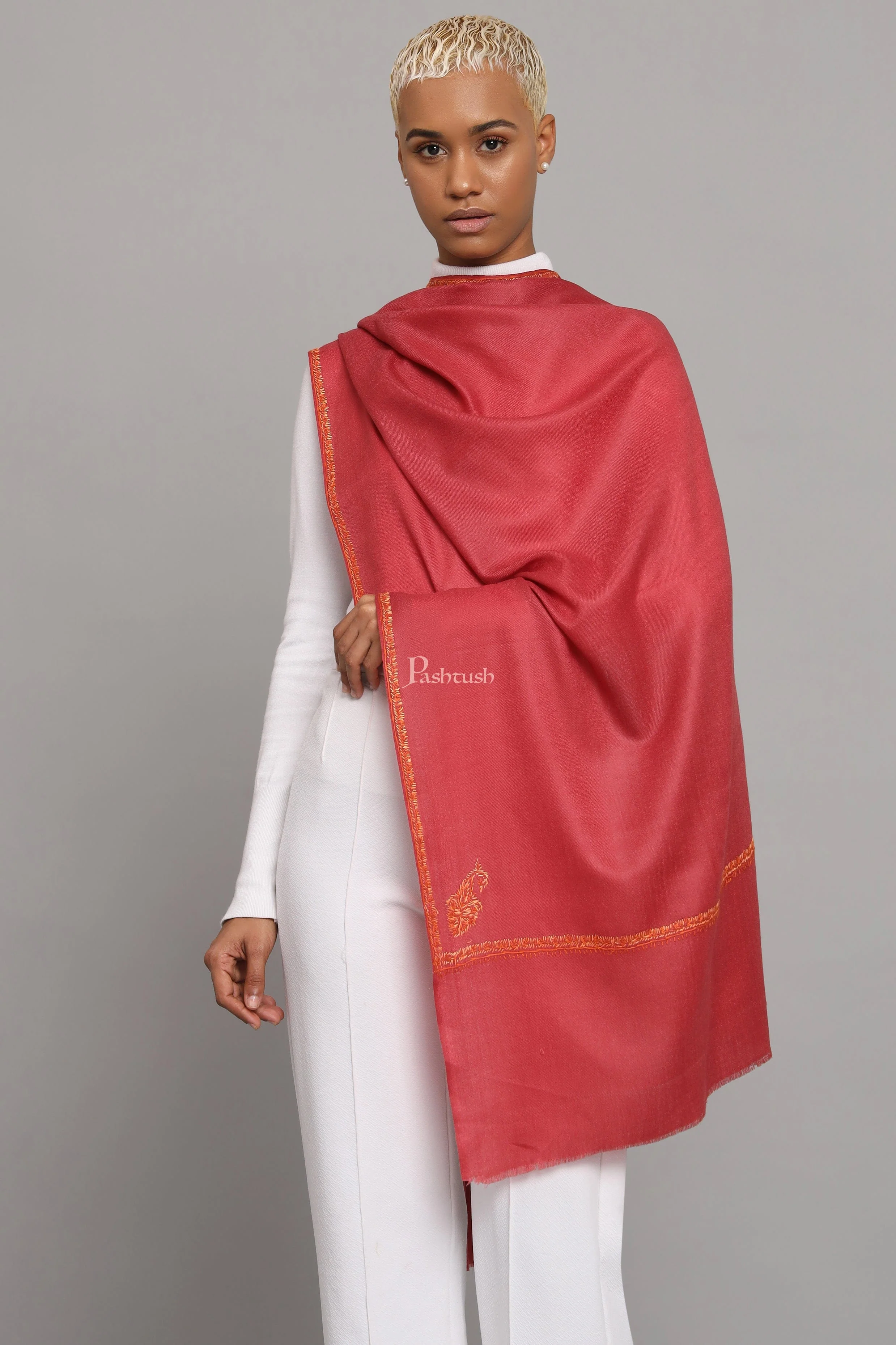 Pashtush Womens Extra Fine Wool Stole, Kashmiri Hand Embroidery, Kingri Design, Morning Rose - Image 4