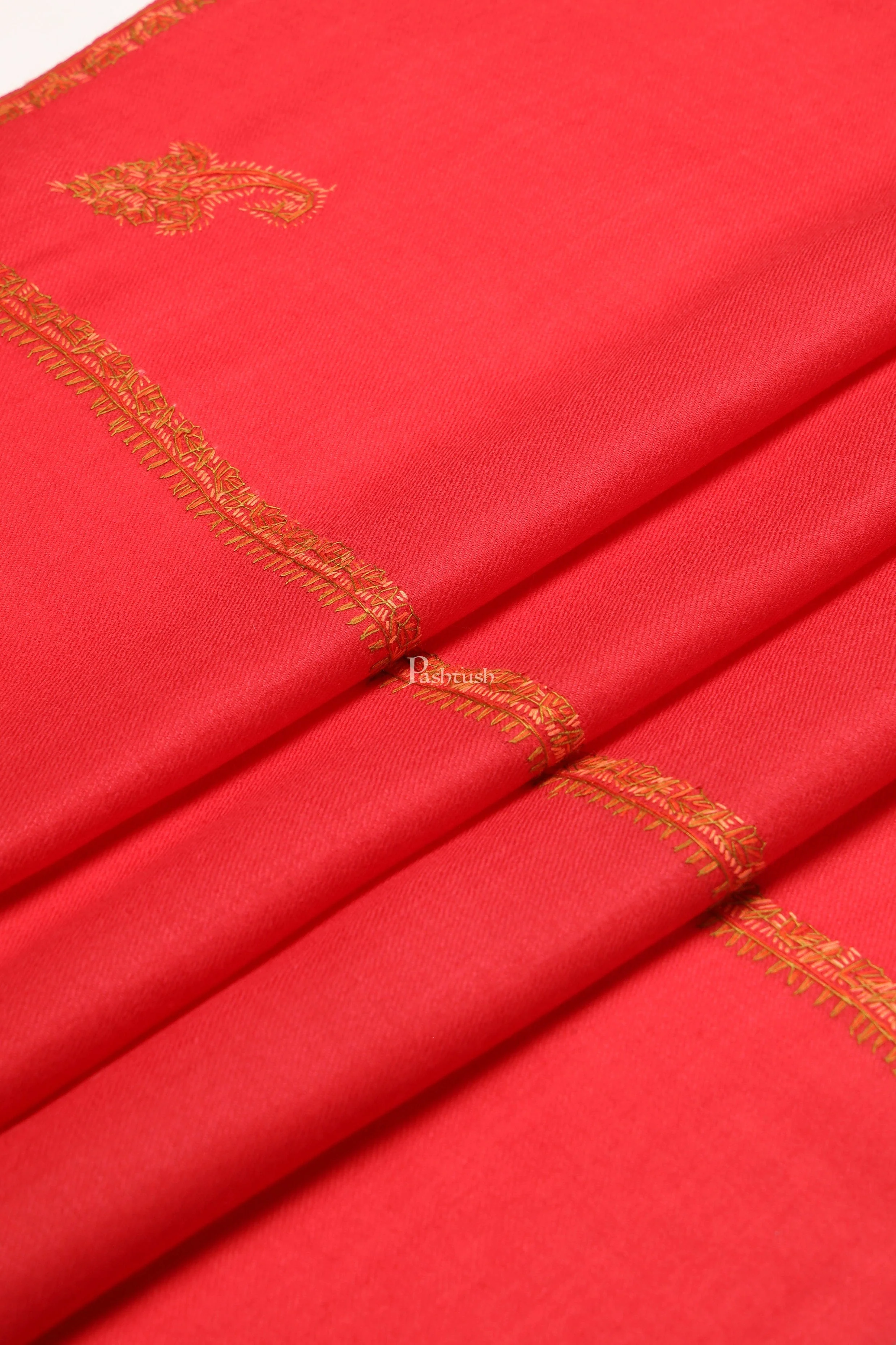 Pashtush Womens Extra Fine Wool Stole, Kashmiri Hand Embroidery, Kingri Design, Red - Image 2