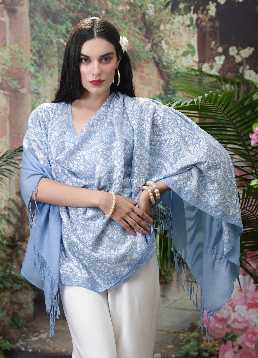 Pashtush womens Extra Fine Wool stole, Nalki embroidery design, Muted Blue - Image 2