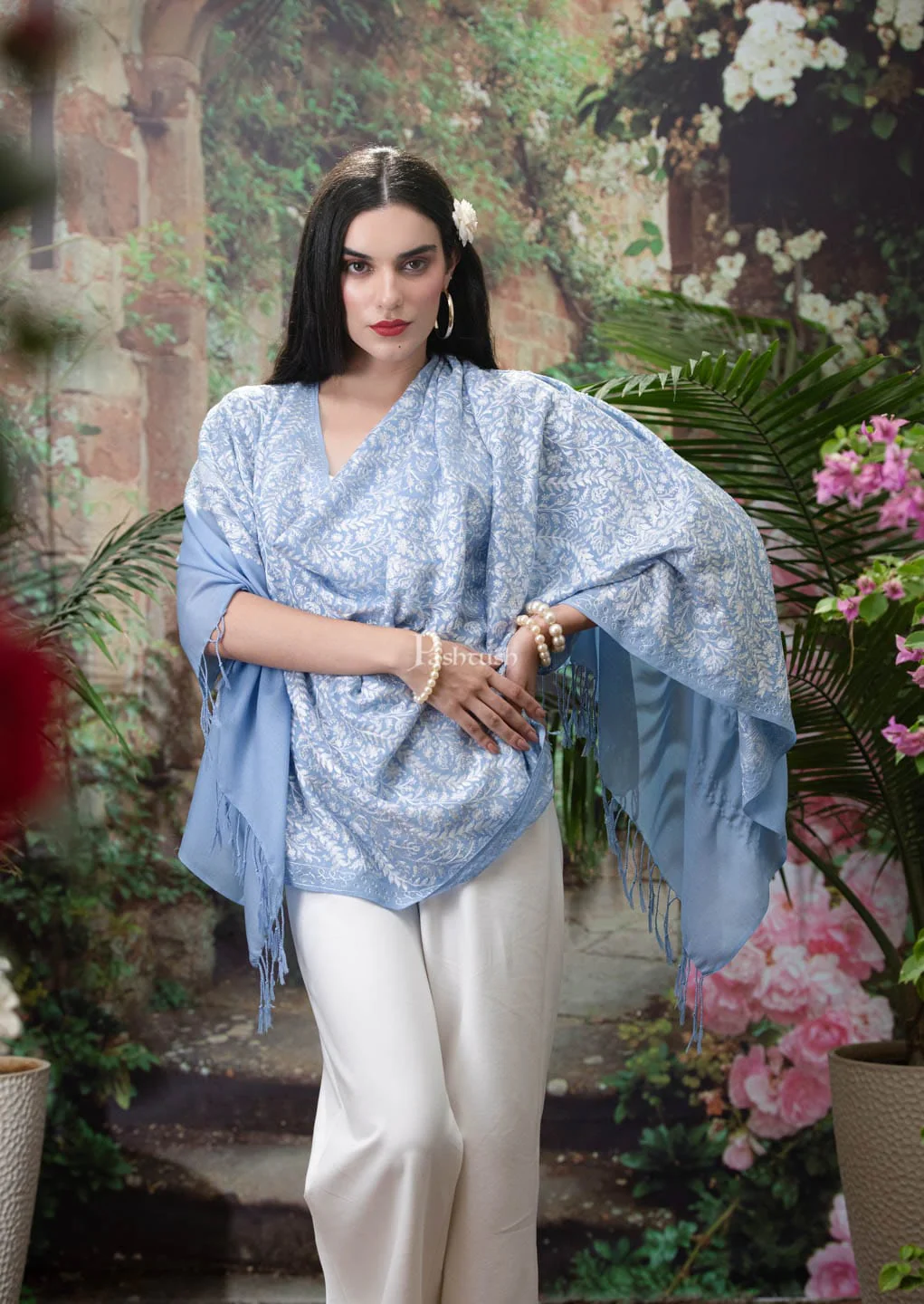 Pashtush womens Extra Fine Wool stole, Nalki embroidery design, Muted Blue - Image 3