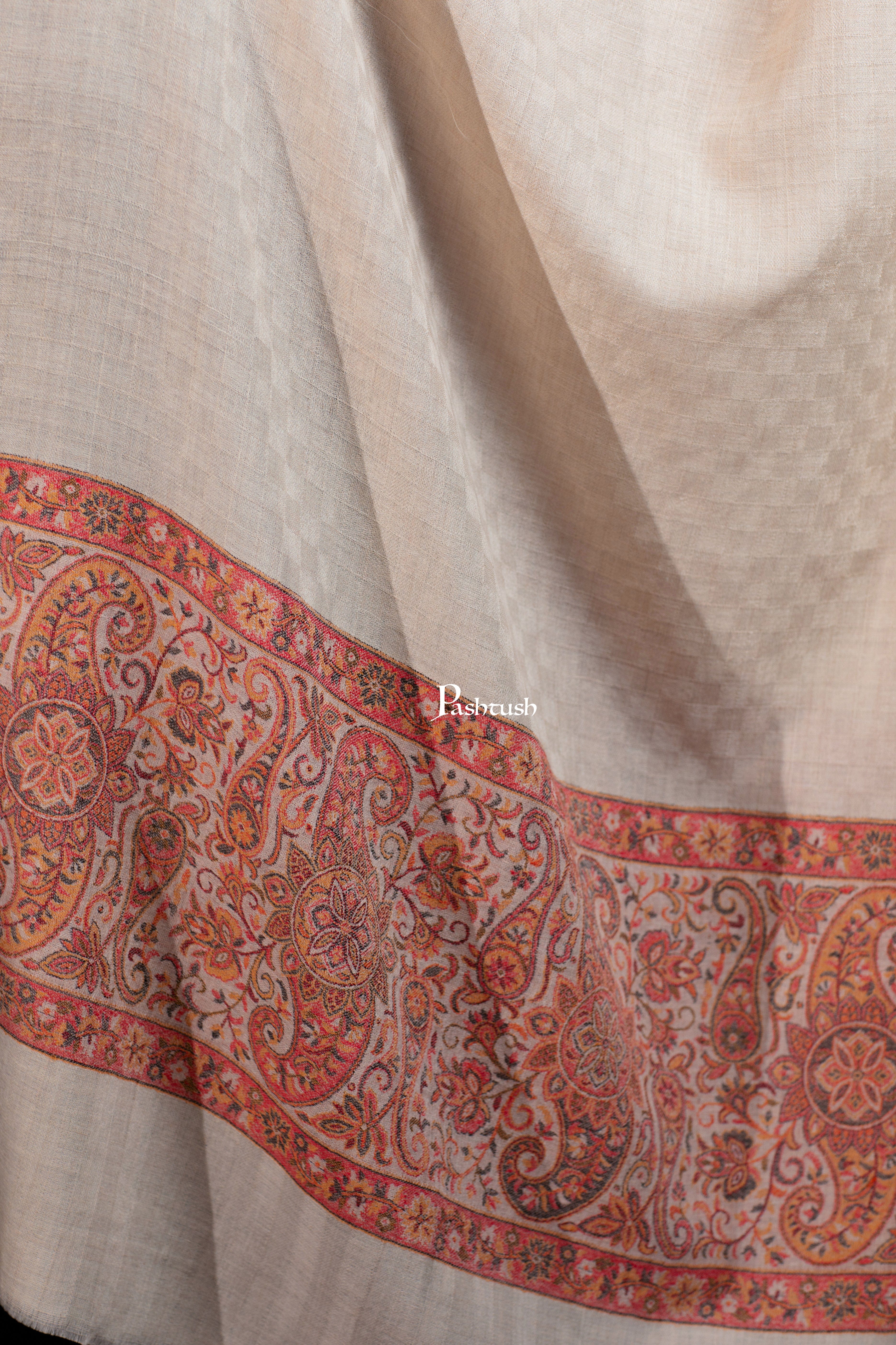 Pashtush Womens Extra Fine Wool Stole, Paisley Palla Design, Beige - Image 2
