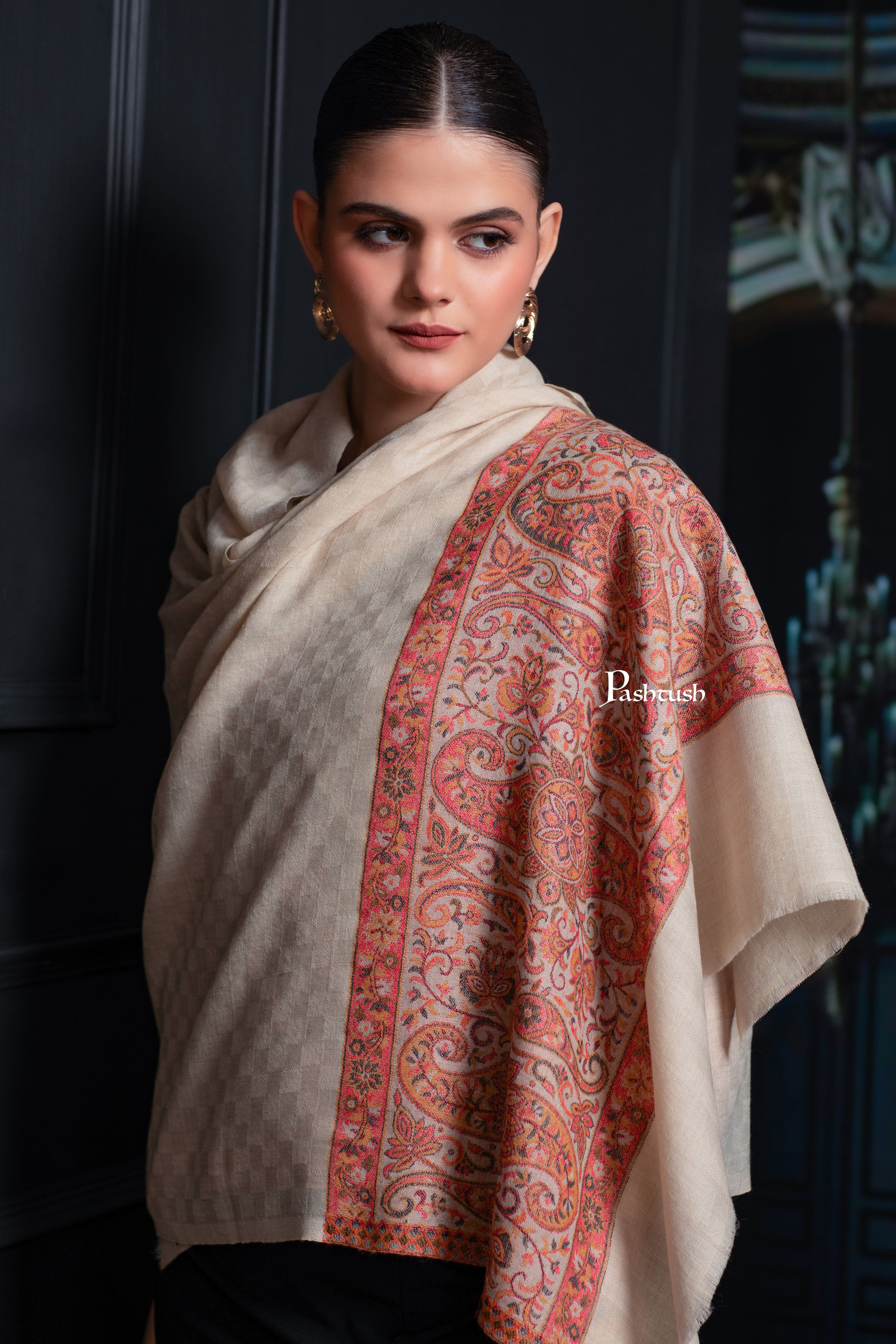 Pashtush Womens Extra Fine Wool Stole, Paisley Palla Design, Beige - Image 3