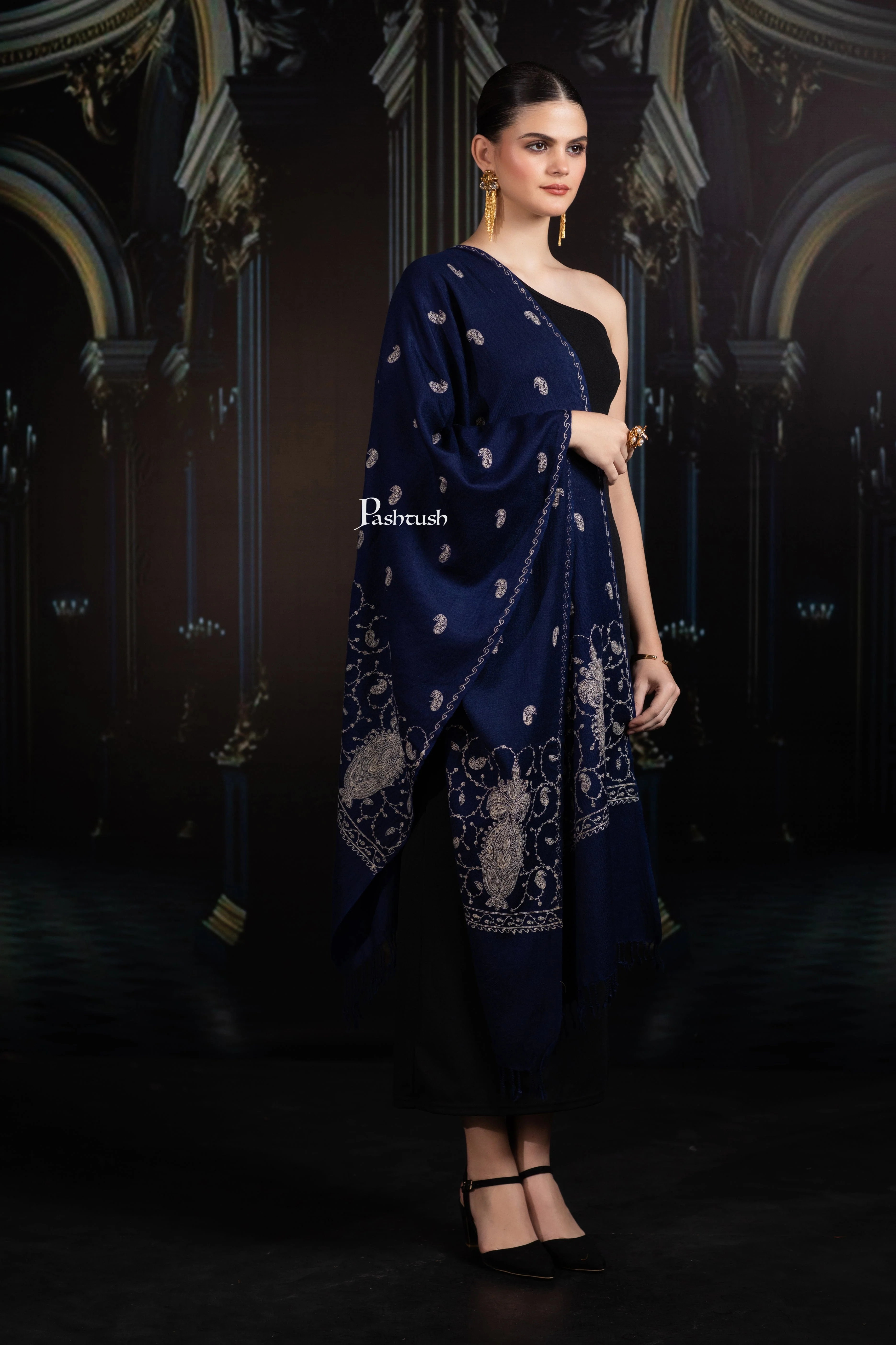 Pashtush Womens Extra Fine Wool Stole, Paisley Ton On Ton Embroidery Palla Design, Blue - Image 4