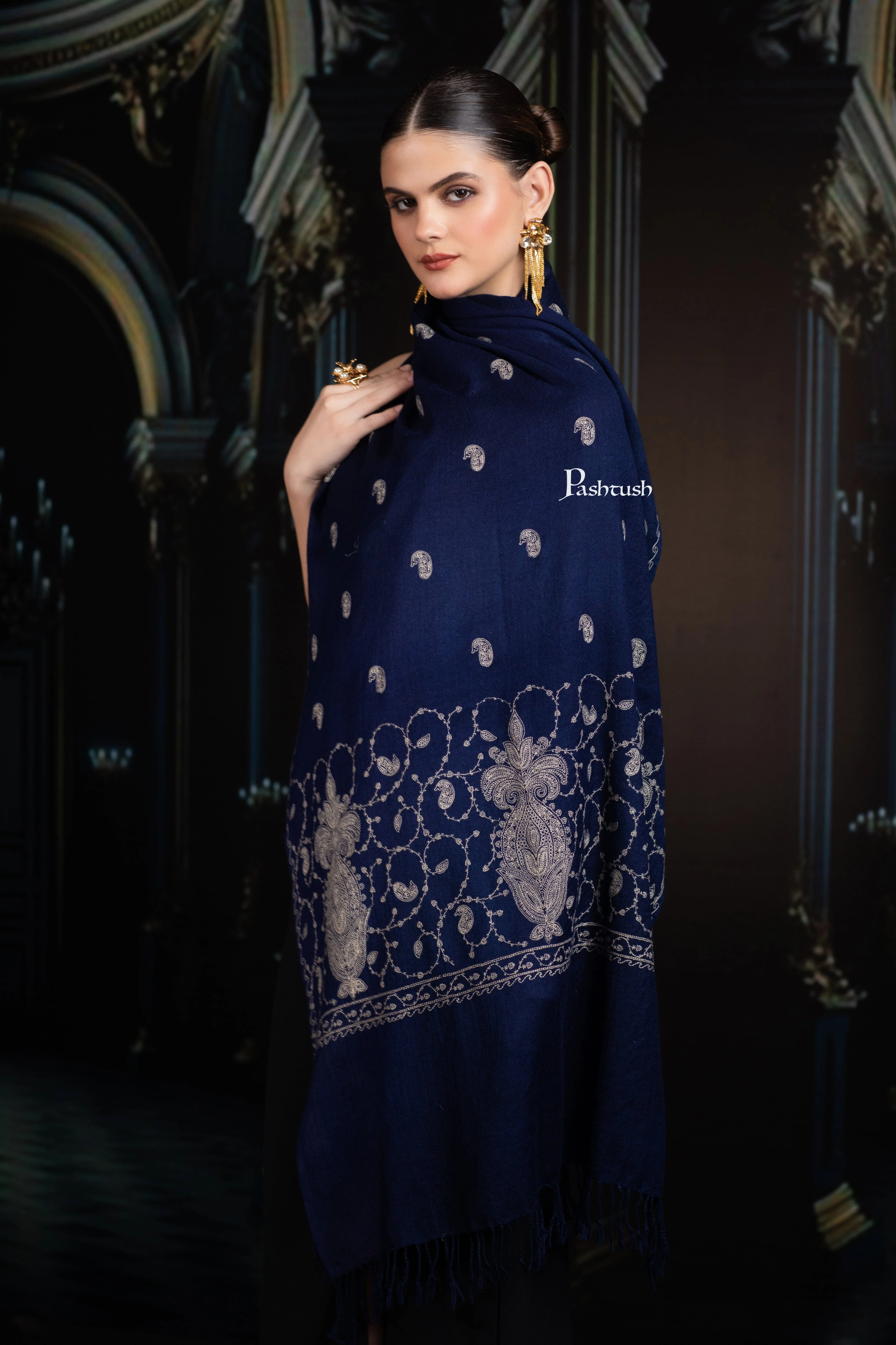Pashtush Womens Extra Fine Wool Stole, Paisley Ton On Ton Embroidery Palla Design, Blue - Image 5