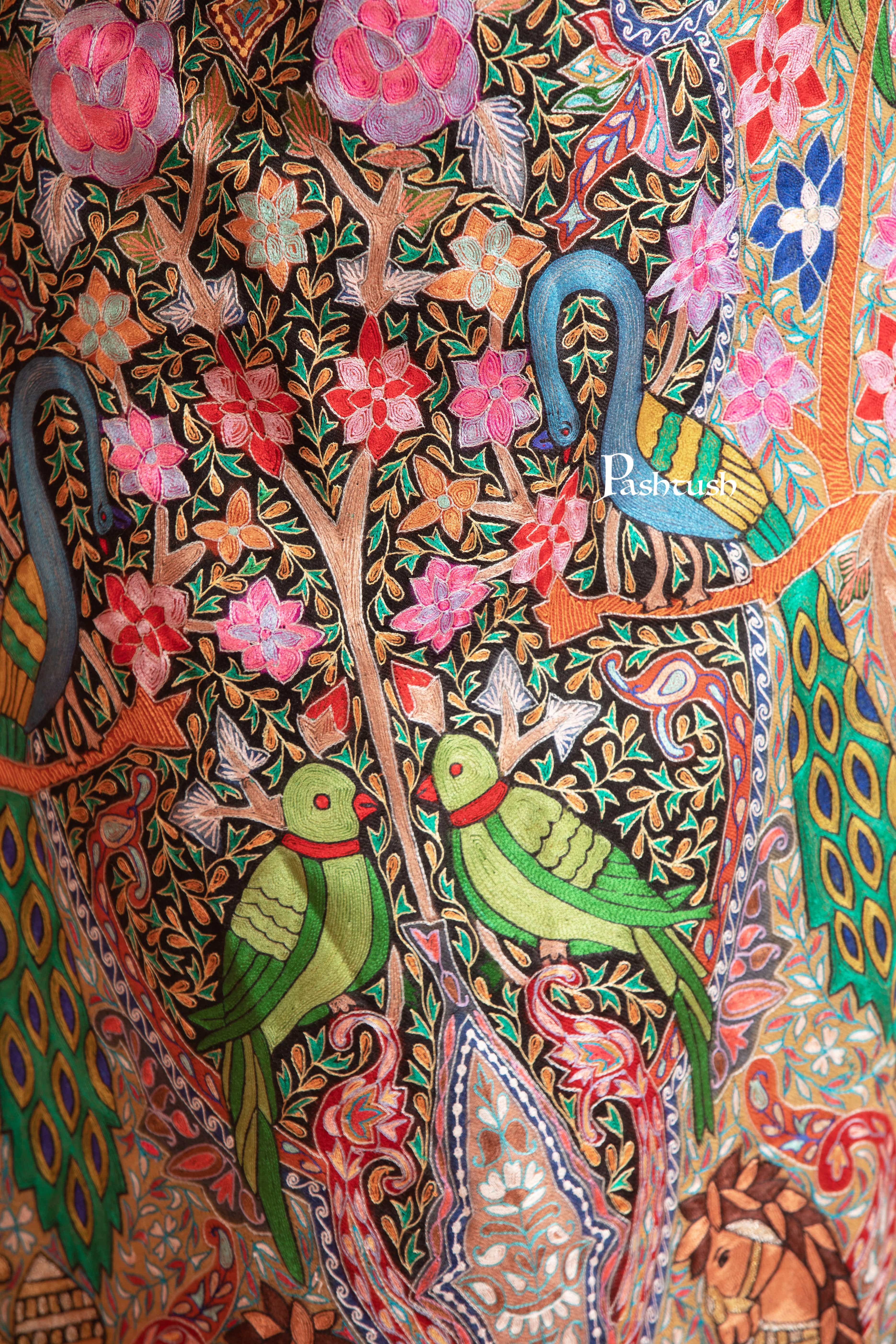 Pashtush Womens Extra Fine Wool Stole, Shikaar-Dar Hand Embroidered, Hand Painted Kalamkari Design, Multicolour - Image 2