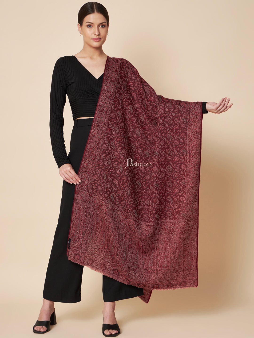 Pashtush Womens Extra Fine Wool Stole, Ethnic Weave Soft Paiseley Design, Multicolour - Image 2