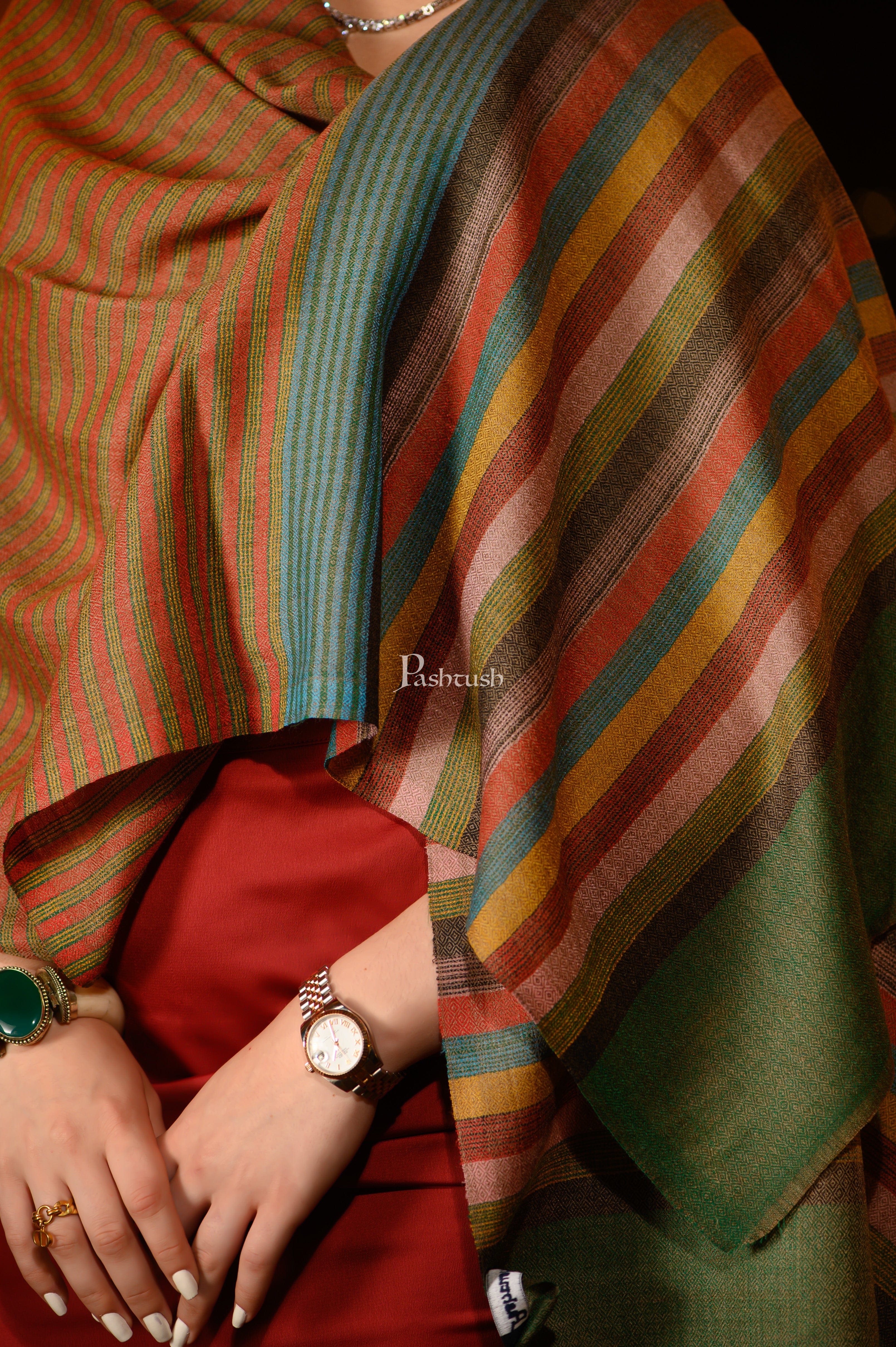 Pashtush Womens Extra Fine Wool Stole, Stripe Design, Multicolour - Image 2
