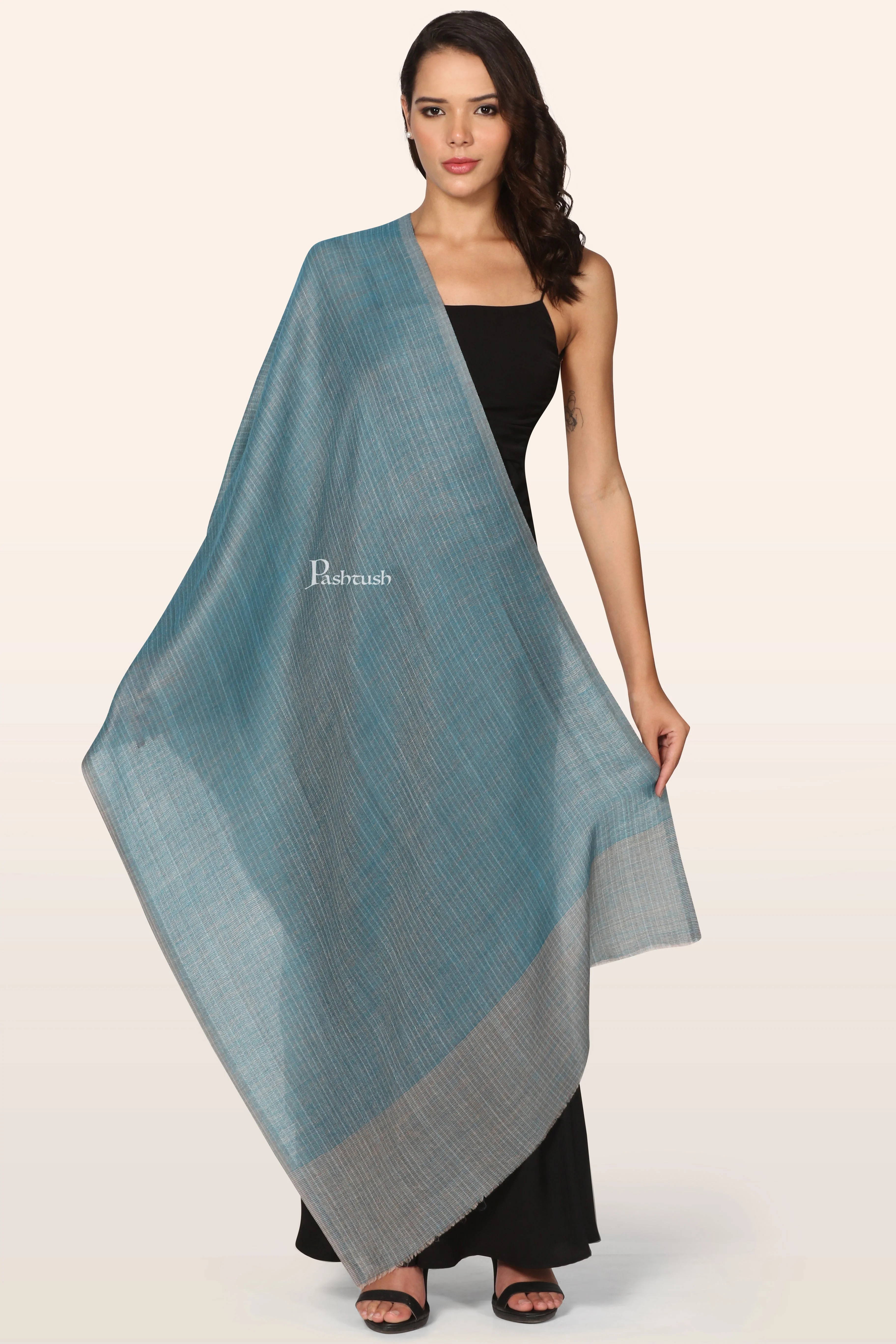 Pashtush Womens Extra Fine Wool Stole, Stripe Weave Design, Arabic Sea Green - Image 3