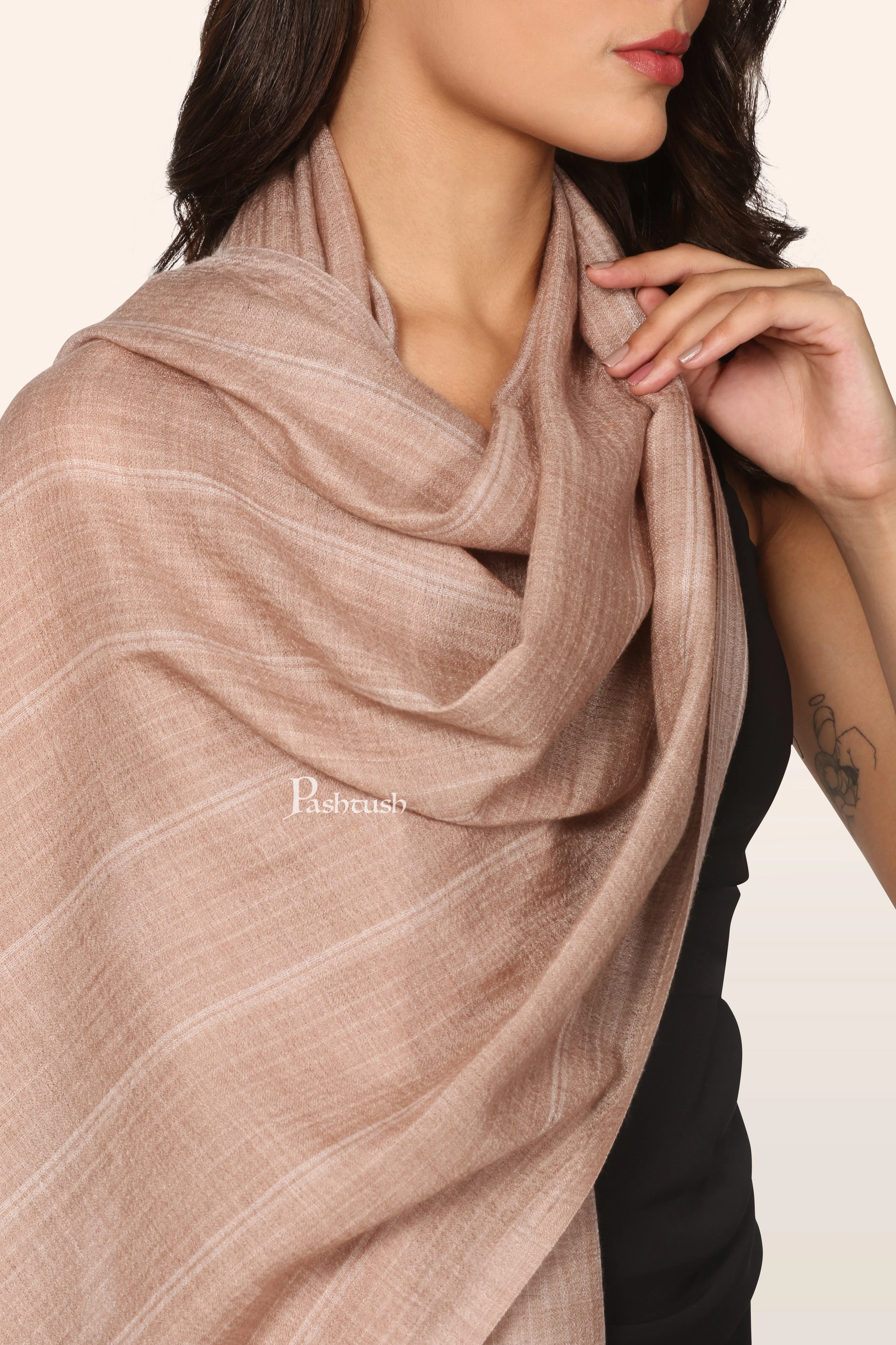 Pashtush Womens Extra Fine Wool Stole, Stripe Weave Design, Taupe - Image 2